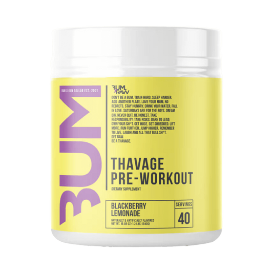 CBUM Thavage Pre-Workout by Chris Bumstead in Blackberry Lemonade Flavour is a clinical-grade pre-workout delivering research-backed ingredients including L-Citrulline, Betaine, Alpha GPC, and Huperzine A to boost focus, endurance, energy, and blood flow for elite performance.
