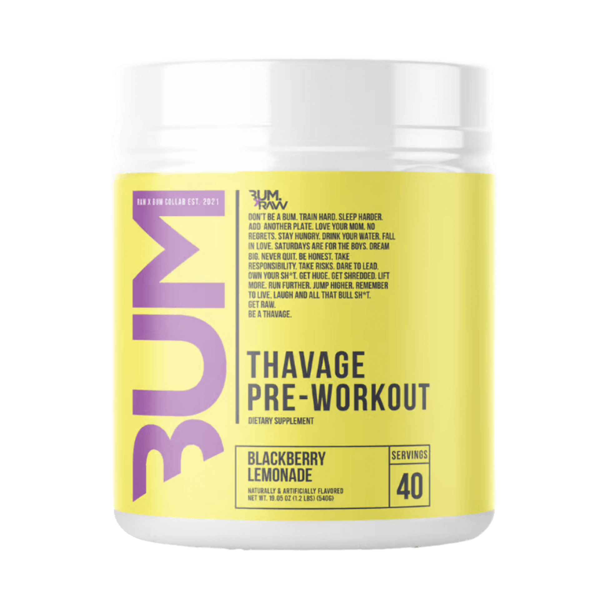 CBUM Thavage Pre-Workout by Chris Bumstead in Blackberry Lemonade Flavour is a clinical-grade pre-workout delivering research-backed ingredients including L-Citrulline, Betaine, Alpha GPC, and Huperzine A to boost focus, endurance, energy, and blood flow for elite performance.