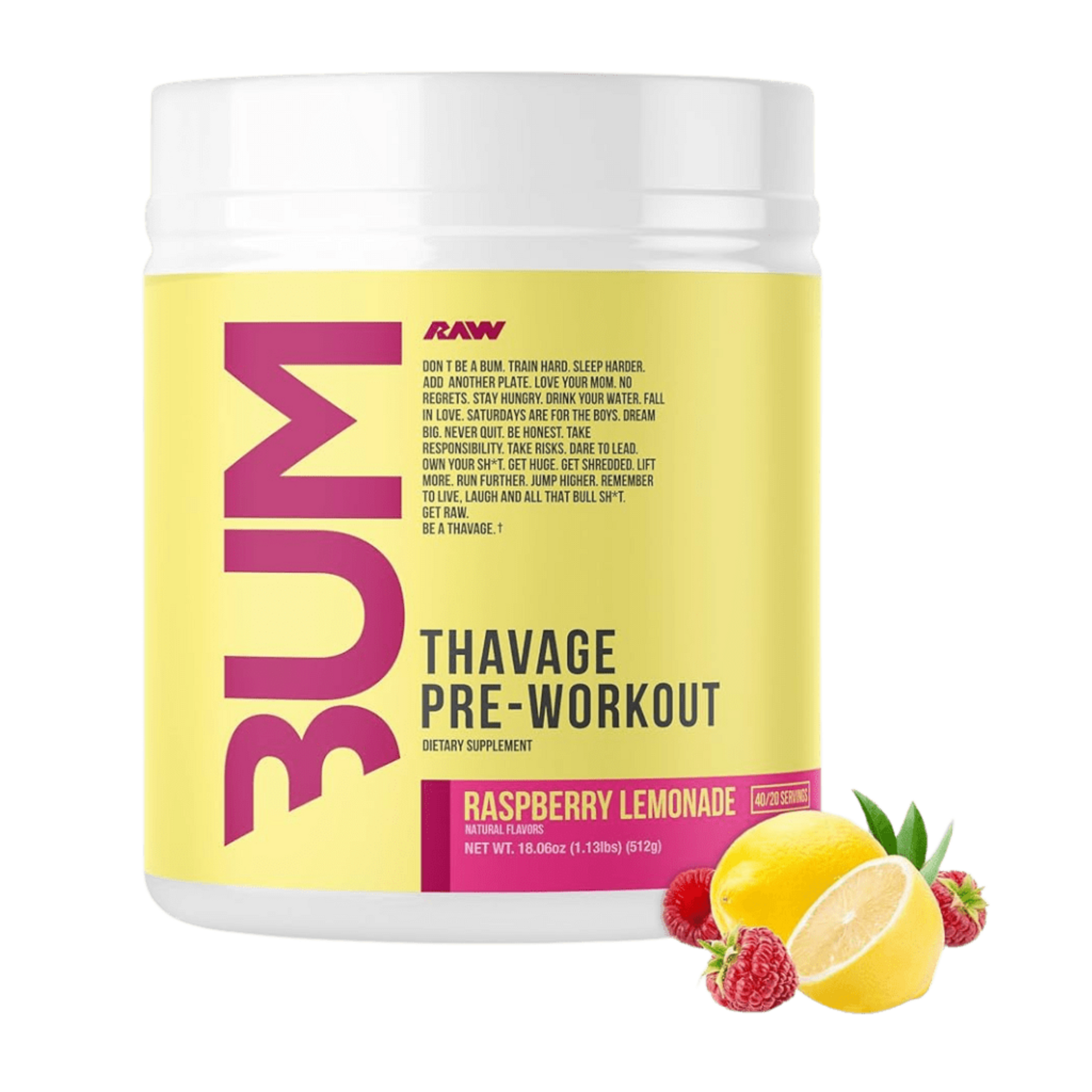 CBUM Thavage Pre-Workout by Chris Bumstead in Raspberry Lemonade Flavour is a clinical-grade pre-workout delivering research-backed ingredients including L-Citrulline, Betaine, Alpha GPC, and Huperzine A to boost focus, endurance, energy, and blood flow for elite performance.