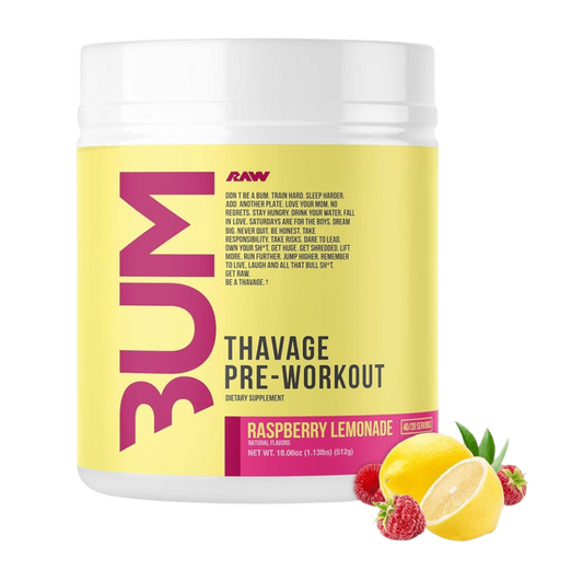 CBUM Thavage Pre-Workout by Chris Bumstead in Raspberry Lemonade Flavour is a clinical-grade pre-workout delivering research-backed ingredients including L-Citrulline, Betaine, Alpha GPC, and Huperzine A to boost focus, endurance, energy, and blood flow for elite performance.