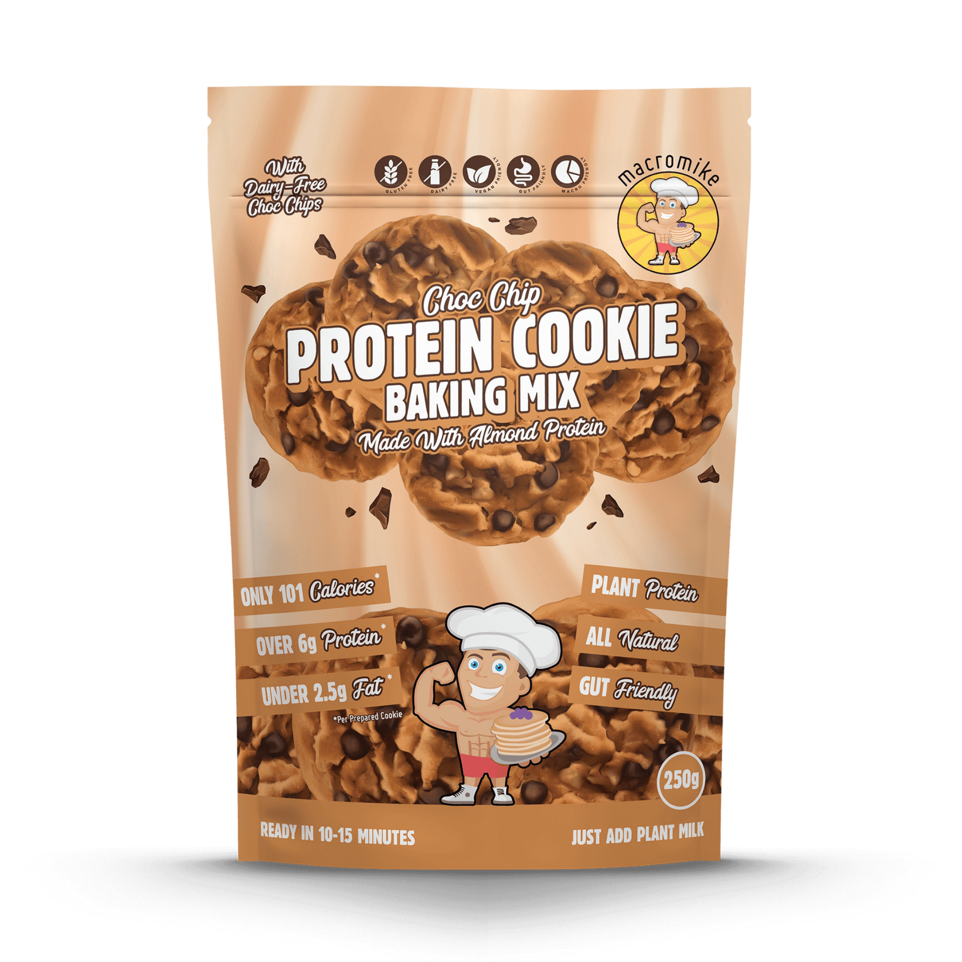 Choc Chip Cookie Baking Mix is a high-protein, plant-based, gluten-free and dairy-free cookie mix that delivers over 6g of protein per serve with only 101 calories and under 2.5g of fat — soft, chewy, and easy to bake in minutes.