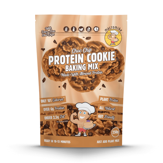 Choc Chip Cookie Baking Mix is a high-protein, plant-based, gluten-free and dairy-free cookie mix that delivers over 6g of protein per serve with only 101 calories and under 2.5g of fat — soft, chewy, and easy to bake in minutes.