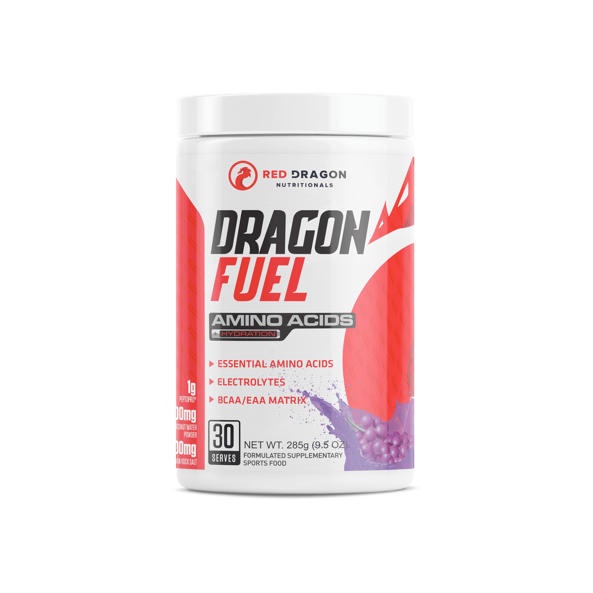Red Dragon Dragon Fuel EAA in Grape Lemonade (30 serves) – recovery and hydration supplement with electrolytes and amino acids.