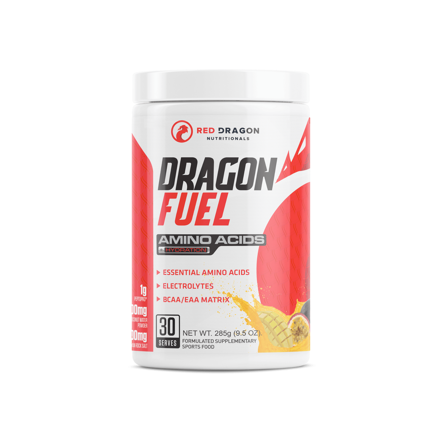 Red Dragon Dragon Fuel EAA in Mango Passionfruit (30 serves) – recovery and hydration supplement with electrolytes and amino acids.