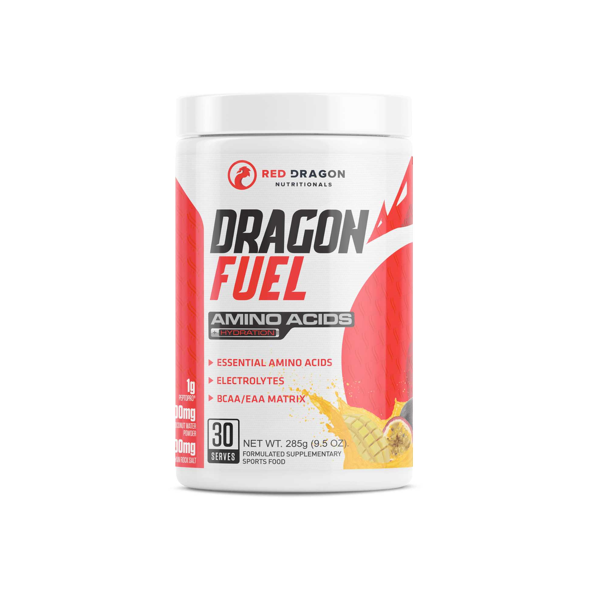 Red Dragon Dragon Fuel EAA in Mango Passionfruit (30 serves) – recovery and hydration supplement with electrolytes and amino acids.