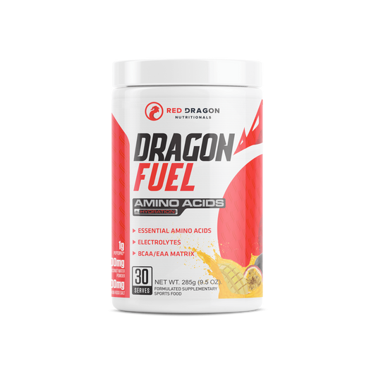Red Dragon Dragon Fuel EAA in Mango Passionfruit (30 serves) – recovery and hydration supplement with electrolytes and amino acids.