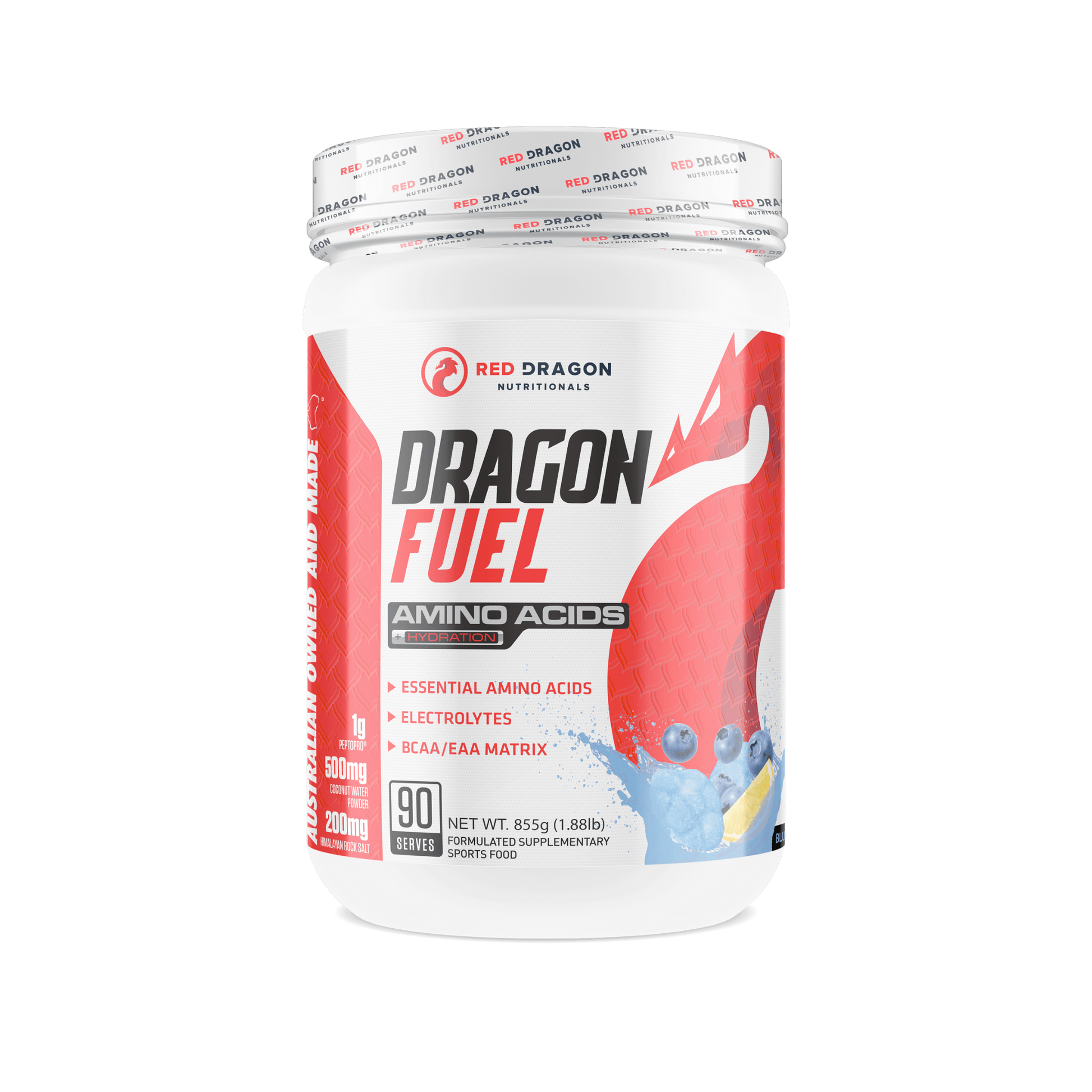 Red Dragon Dragon Fuel EAA in Blue Clouds (90 serves) – recovery and hydration supplement with electrolytes and amino acids.