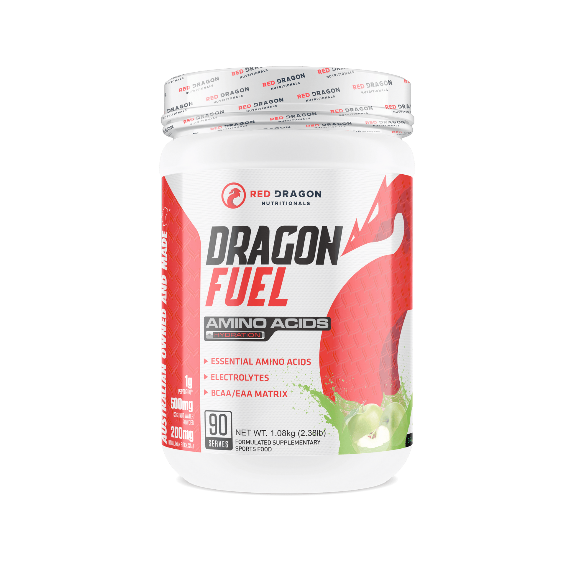 Red Dragon Dragon Fuel EAA in Granny Smith (90 serves) – recovery and hydration supplement with electrolytes and amino acids.