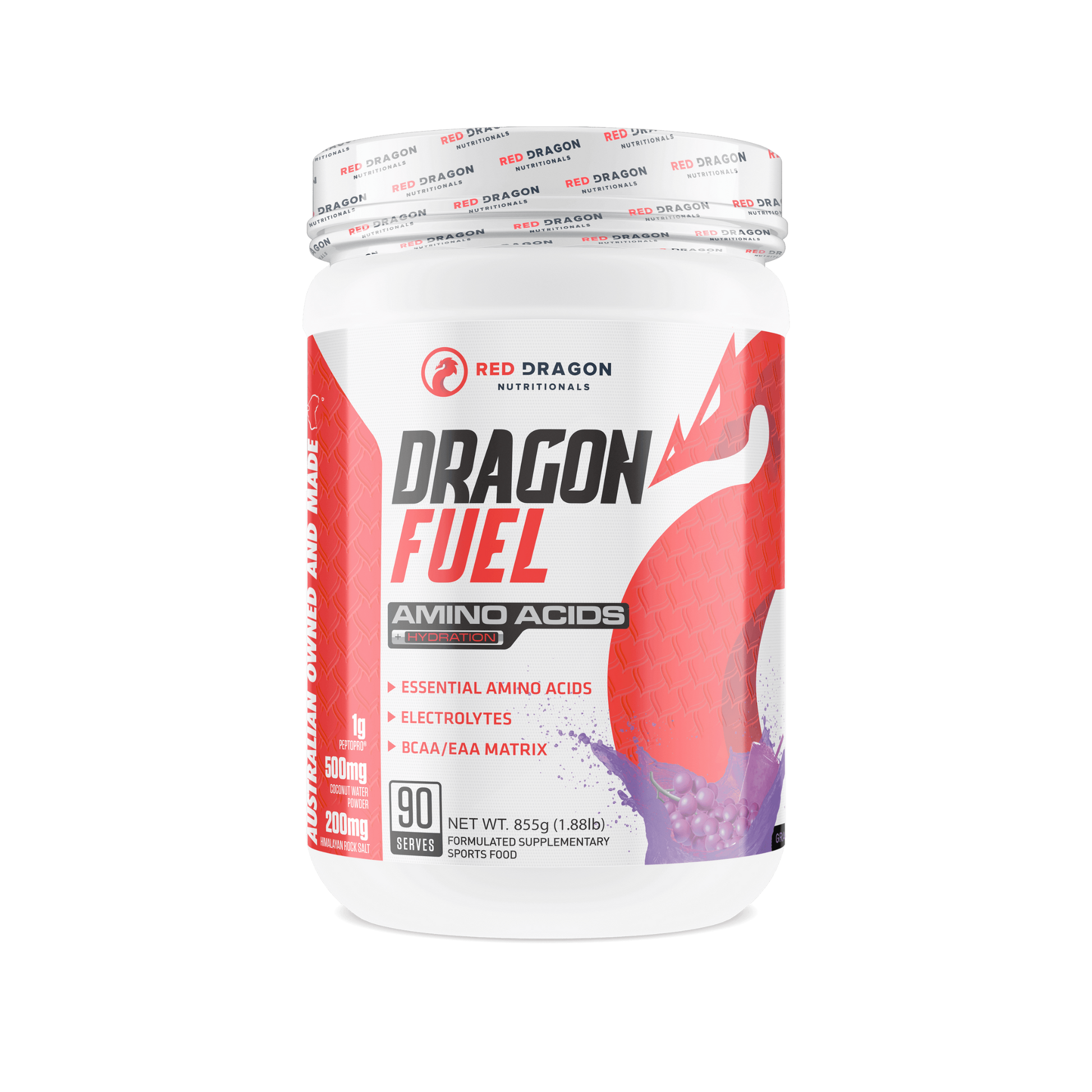 Red Dragon Dragon Fuel EAA in Grape Lemonade (90 serves) – recovery and hydration supplement with electrolytes and amino acids.