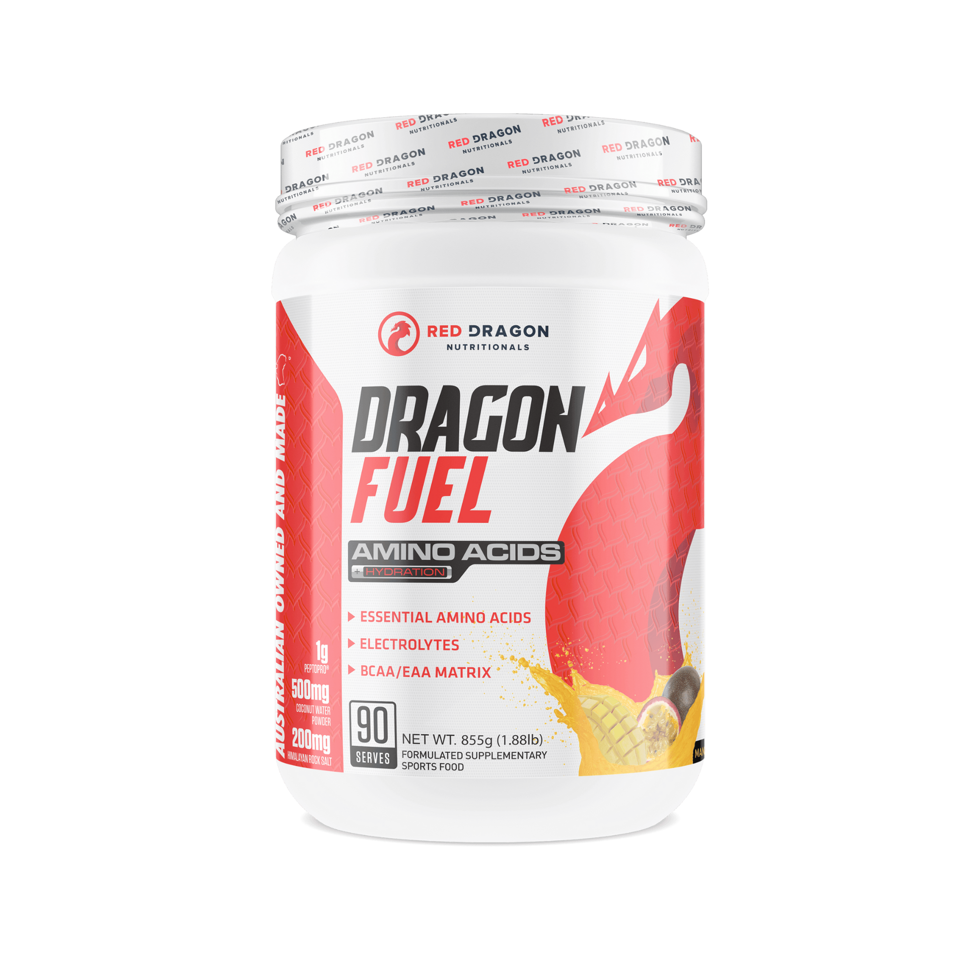 Red Dragon Dragon Fuel EAA in Mango Passionfruit (90 serves) – recovery and hydration supplement with electrolytes and amino acids.