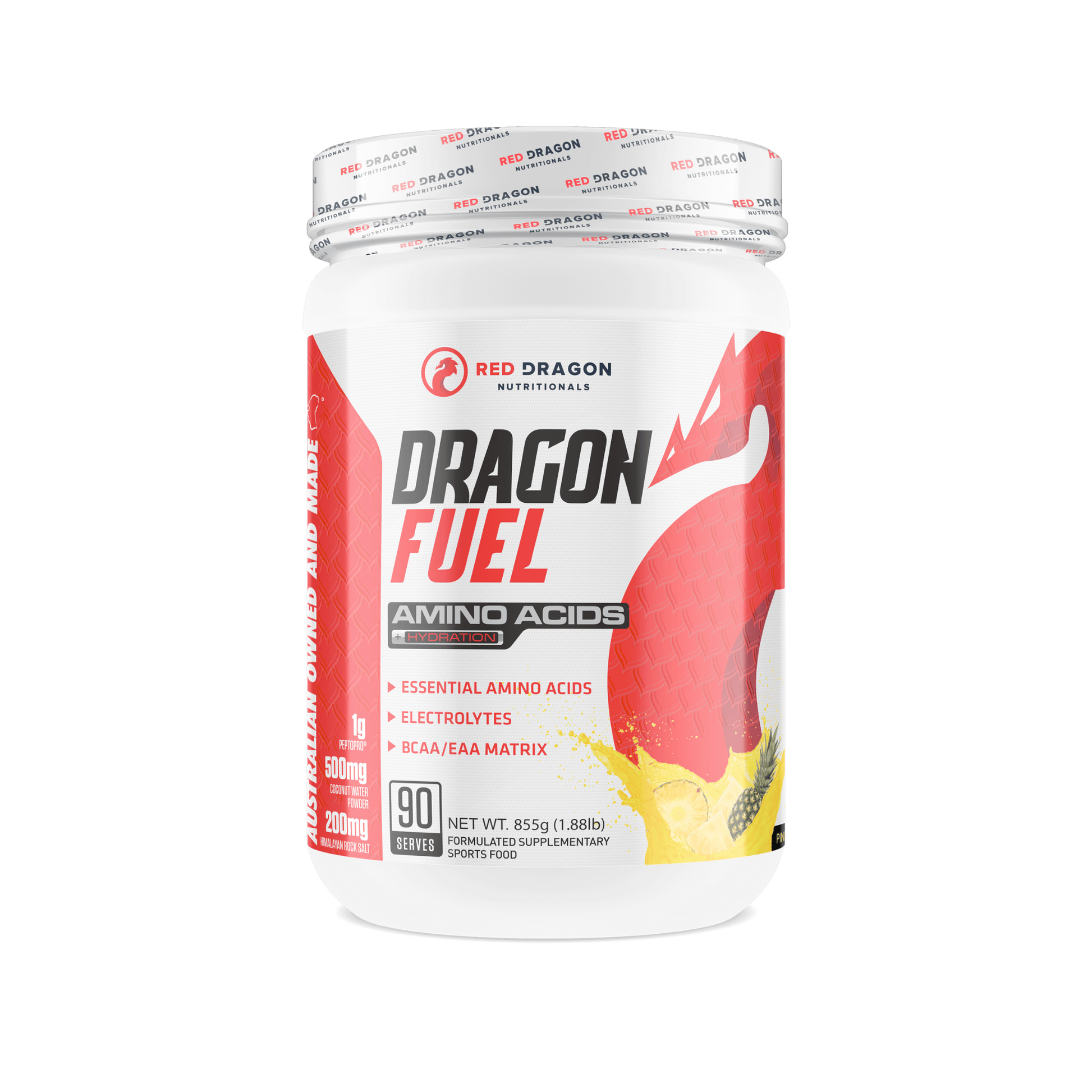Red Dragon Dragon Fuel EAA in Pineapple Juice (90 serves) – recovery and hydration supplement with electrolytes and amino acids.