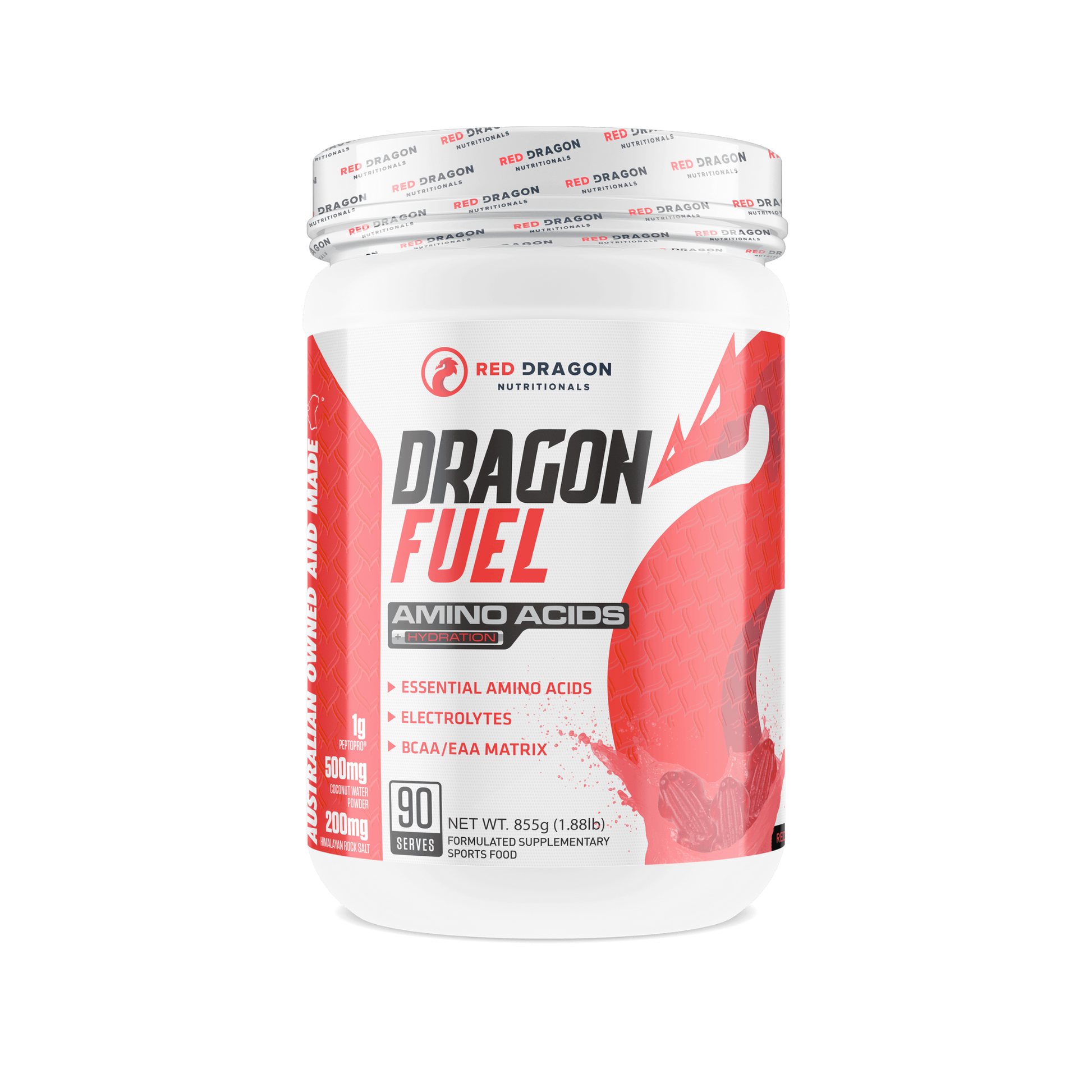 Red Dragon Dragon Fuel EAA in Red Frogs (90 serves) – recovery and hydration supplement with electrolytes and amino acids.