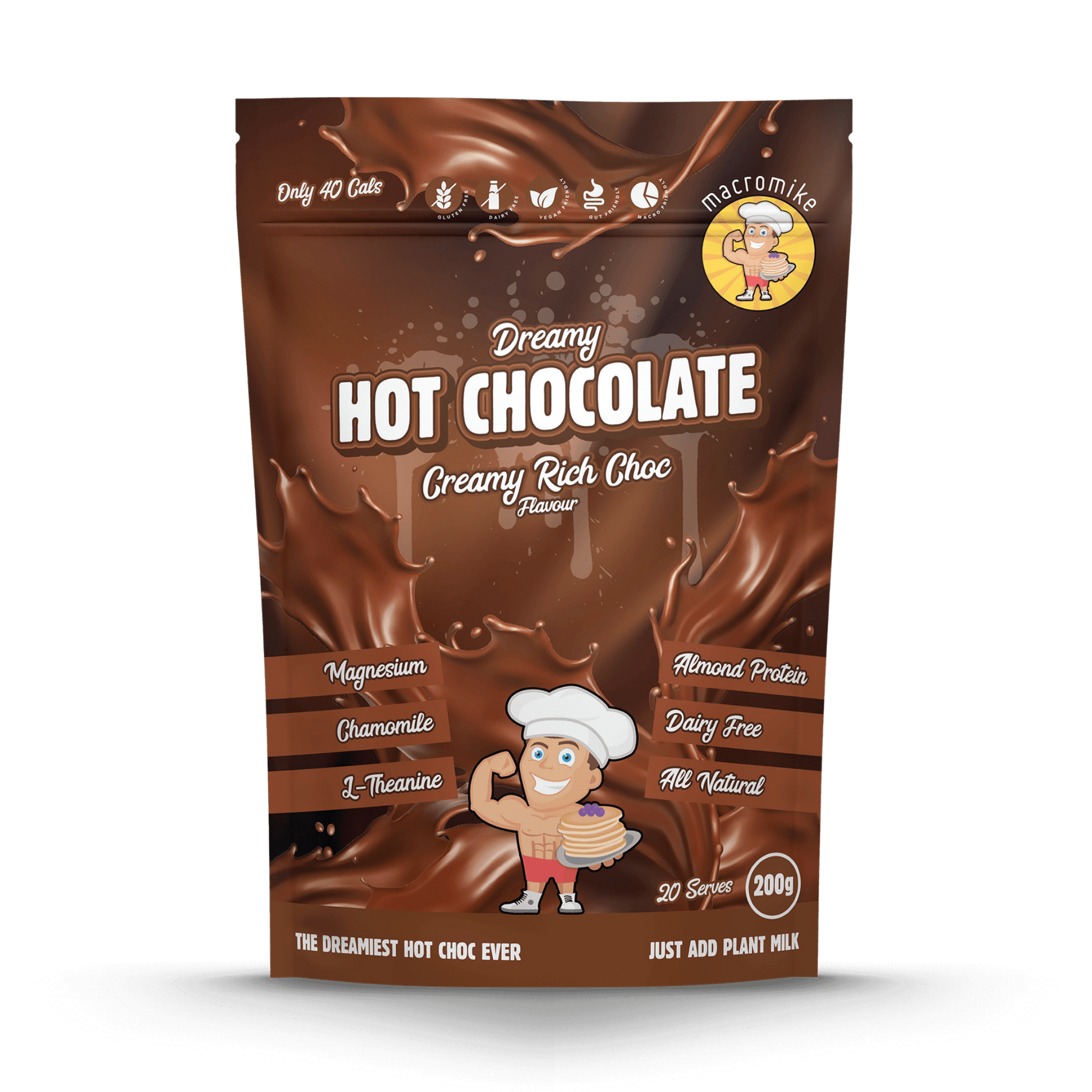 Dreamy Hot Chocolate in Rich Choc flavour is a rich, plant-based night-time drink made with almond protein, coconut milk, magnesium, chamomile, and L-theanine to promote relaxation, comfort, and better sleep — naturally sweet and dairy-free.