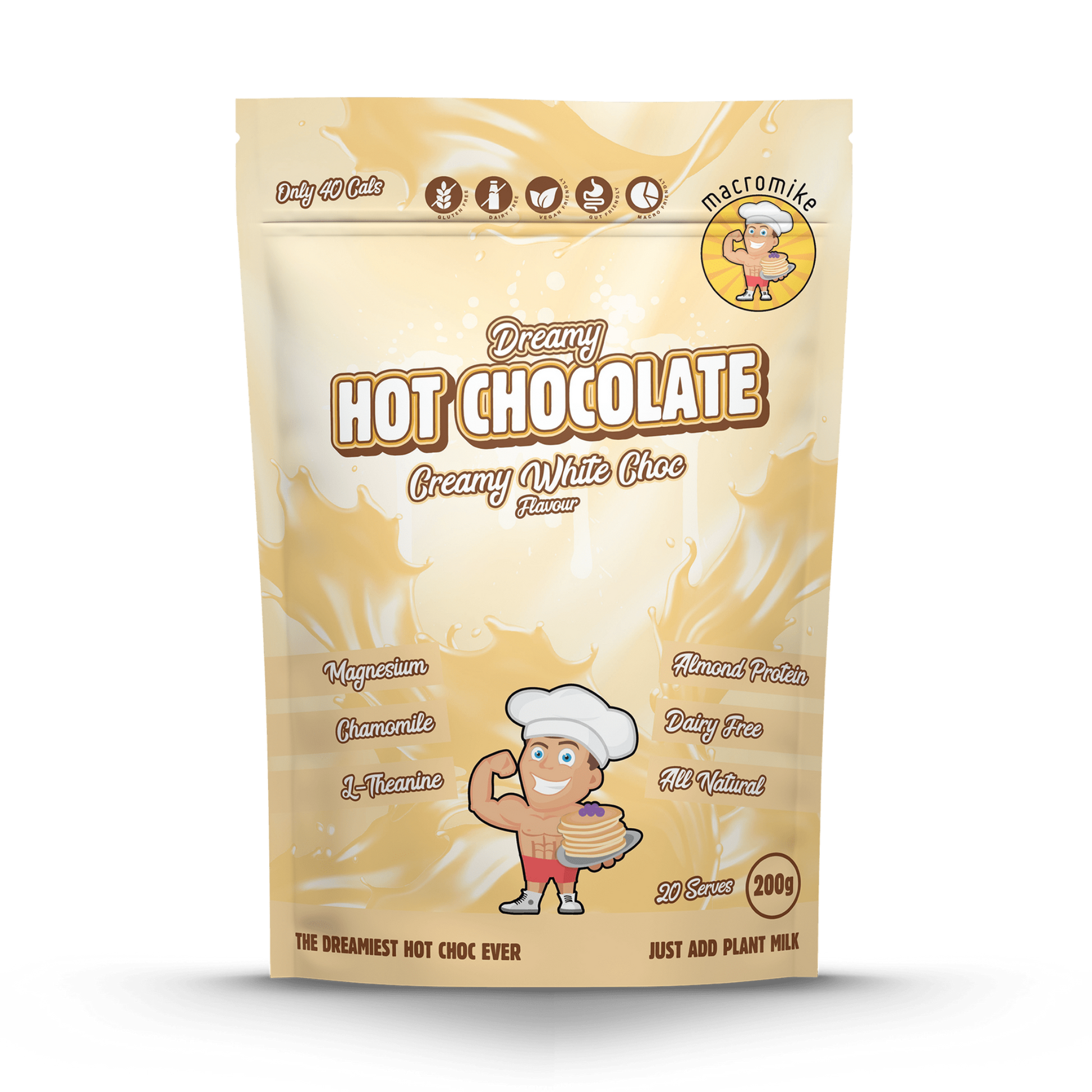 Dreamy Hot Chocolate in White Choc flavour is a rich, plant-based night-time drink made with almond protein, coconut milk, magnesium, chamomile, and L-theanine to promote relaxation, comfort, and better sleep — naturally sweet and dairy-free.