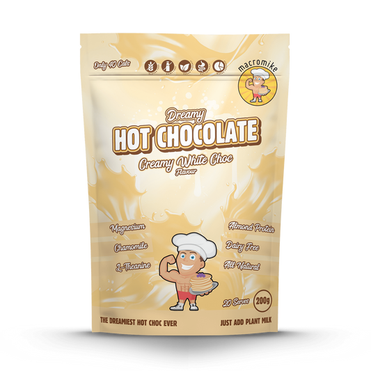 Dreamy Hot Chocolate in White Choc flavour is a rich, plant-based night-time drink made with almond protein, coconut milk, magnesium, chamomile, and L-theanine to promote relaxation, comfort, and better sleep — naturally sweet and dairy-free.