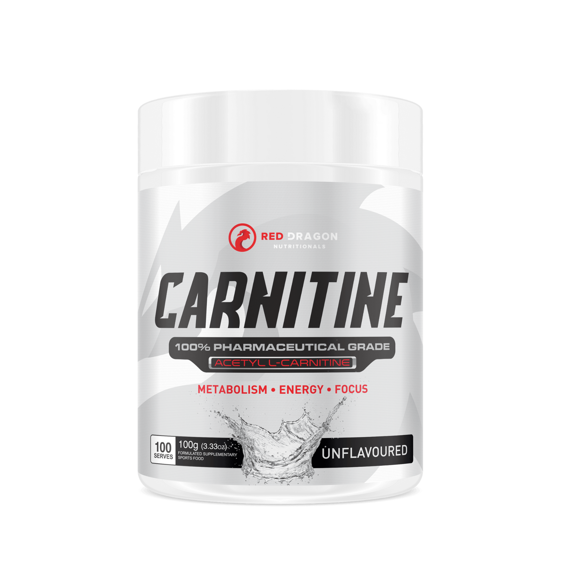 Red Dragon Acetyl L-Carnitine tub – stimulant-free fat metabolism and energy support supplement.