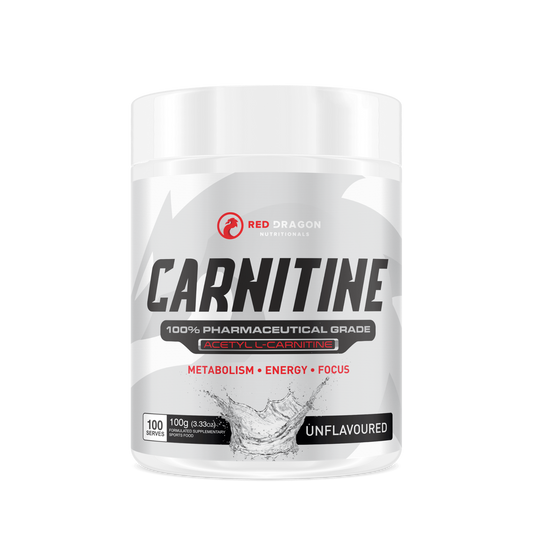 Red Dragon Acetyl L-Carnitine tub – stimulant-free fat metabolism and energy support supplement.