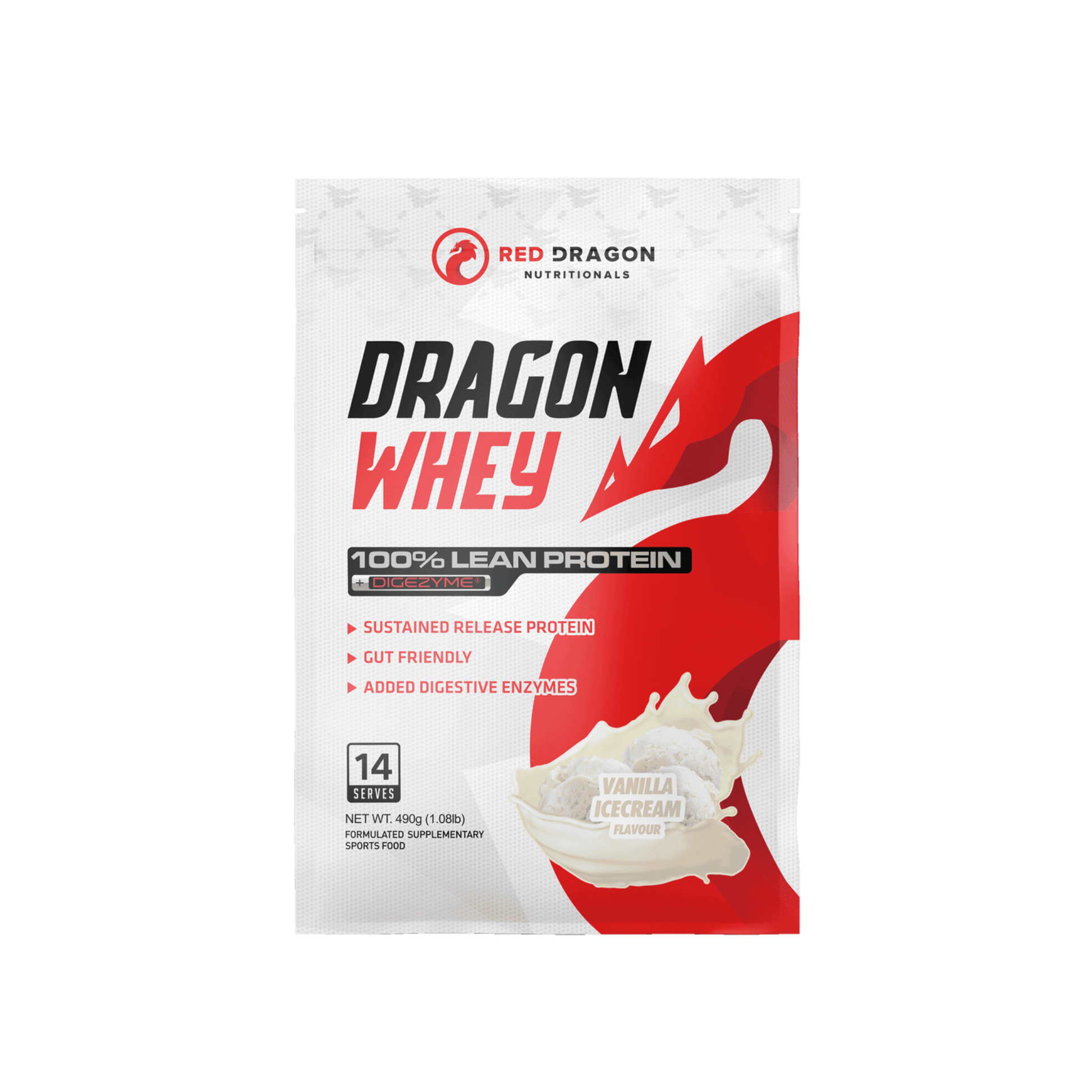 Red Dragon Dragon Whey Protein in Vanilla Ice Cream Flavour (16 serves) – WPI & WPC blend for lean muscle growth, recovery, and daily protein needs.