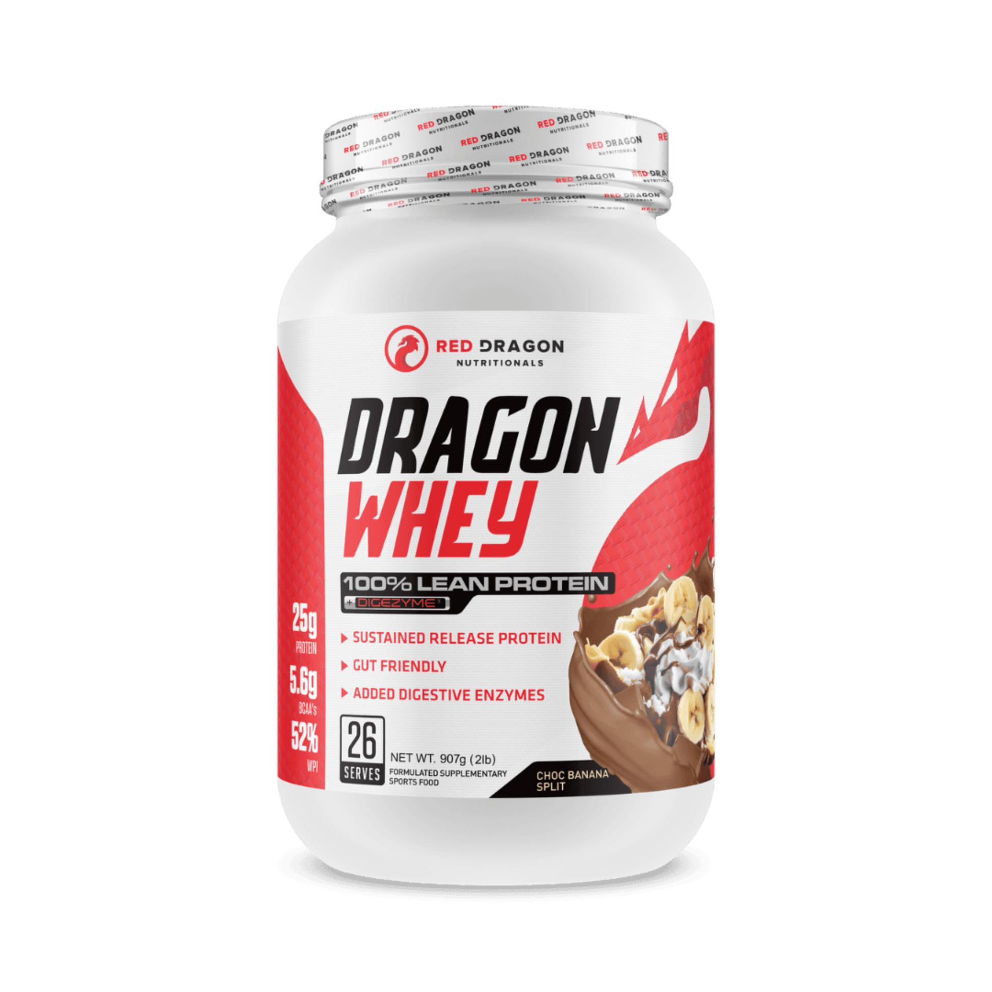 Red Dragon Dragon Whey Protein in Choc Banana Split Flavour (26 serves) – WPI & WPC blend for lean muscle growth, recovery, and daily protein needs.