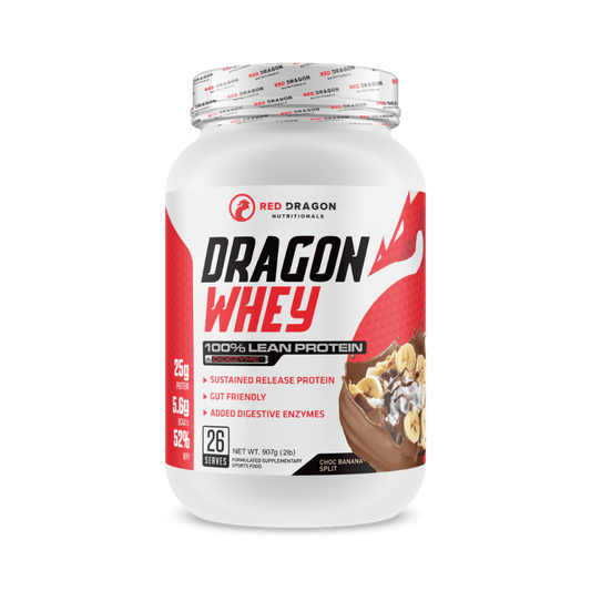 Red Dragon Dragon Whey Protein in Choc Banana Split Flavour (26 serves) – WPI & WPC blend for lean muscle growth, recovery, and daily protein needs.