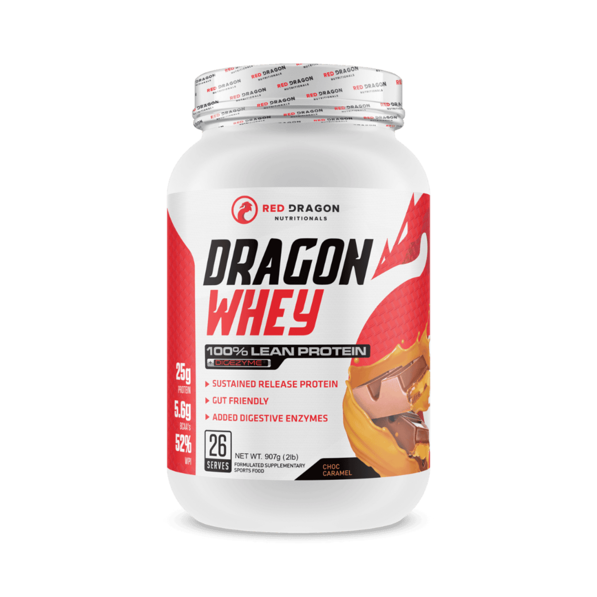 Red Dragon Dragon Whey Protein in Choc Caramel Flavour (26 serves) – WPI & WPC blend for lean muscle growth, recovery, and daily protein needs.