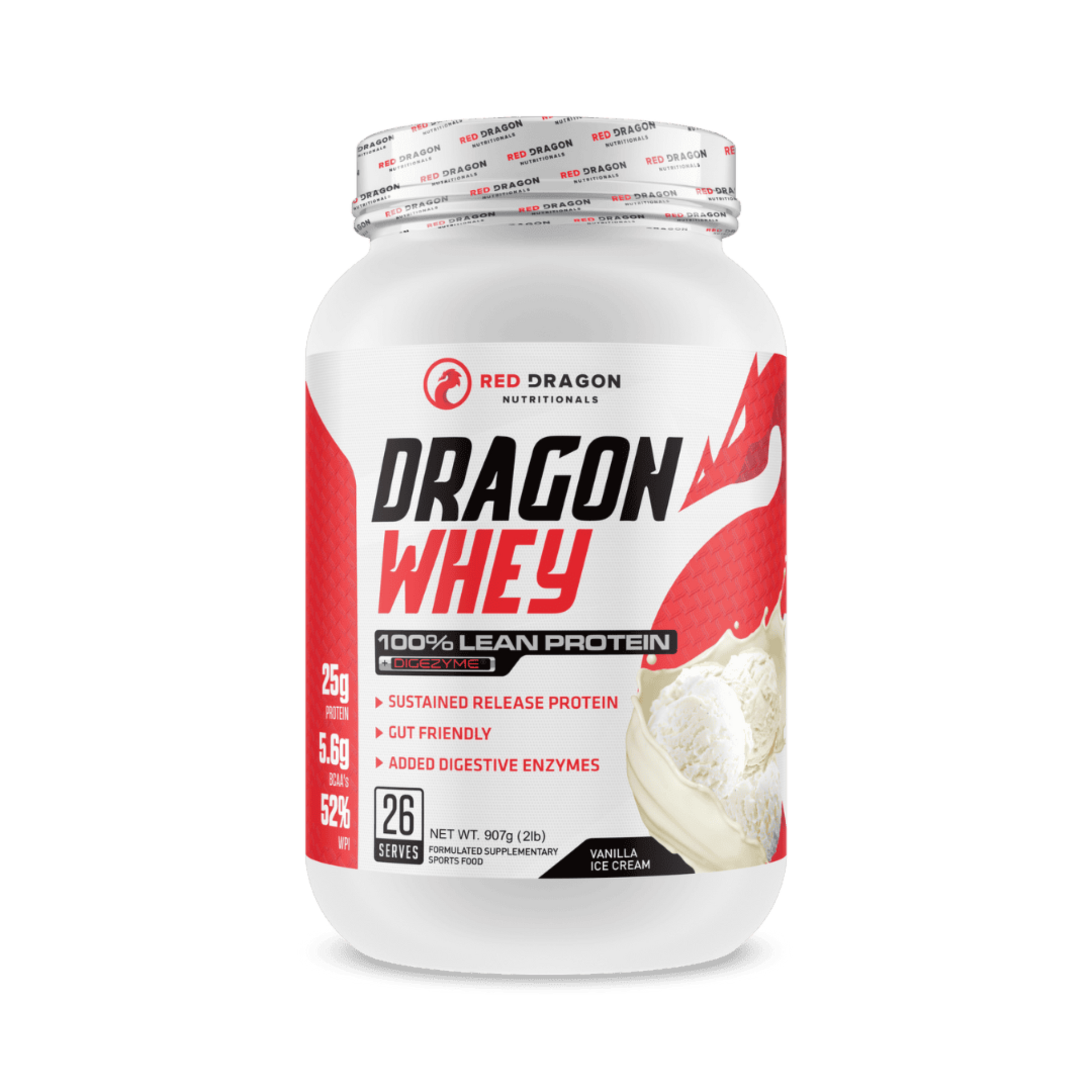 Red Dragon Dragon Whey Protein in Vanilla Ice Cream Flavour (26 serves) – WPI & WPC blend for lean muscle growth, recovery, and daily protein needs.
