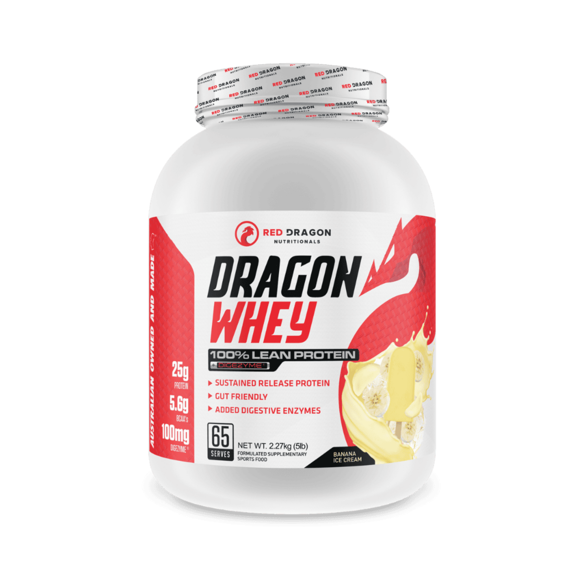 Red Dragon Dragon Whey Protein in Banana Flavour (65 serves) – WPI & WPC blend for lean muscle growth, recovery, and daily protein needs.
