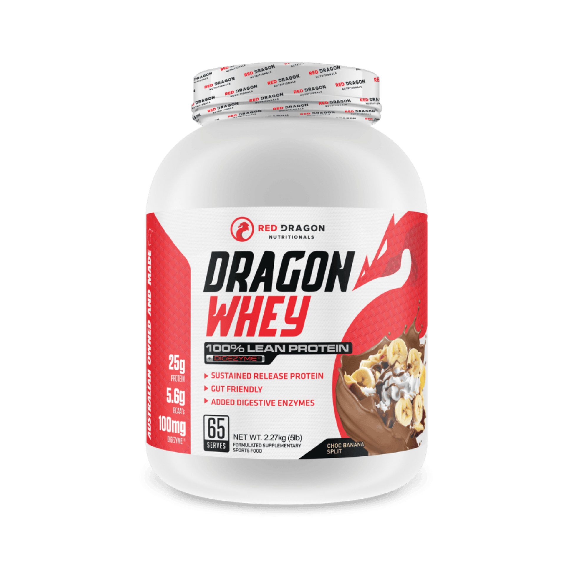 Red Dragon Dragon Whey Protein in Choc Banana Split Flavour (65 serves) – WPI & WPC blend for lean muscle growth, recovery, and daily protein needs.