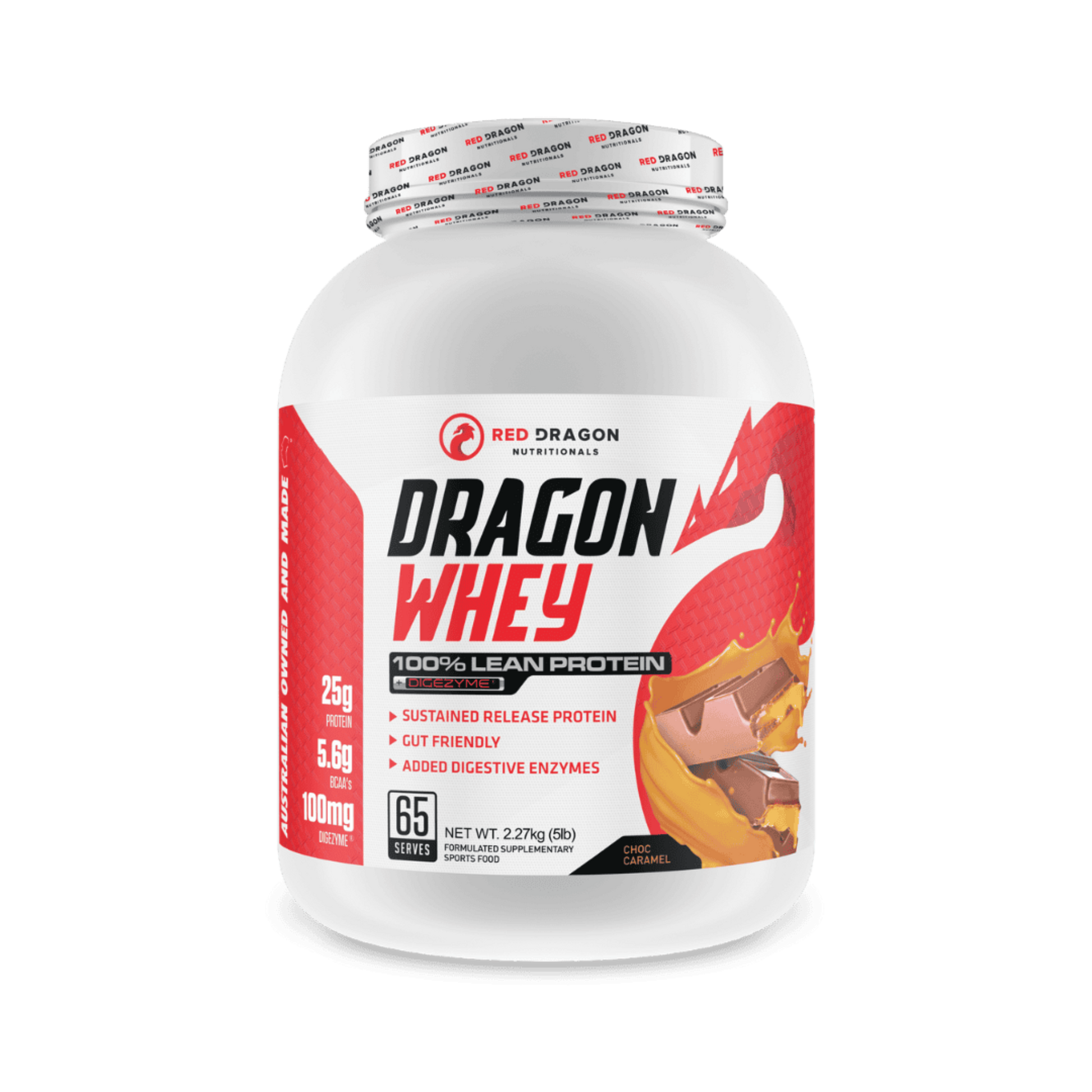 Red Dragon Dragon Whey Protein in Choc Caramel Flavour (65 serves) – WPI & WPC blend for lean muscle growth, recovery, and daily protein needs.