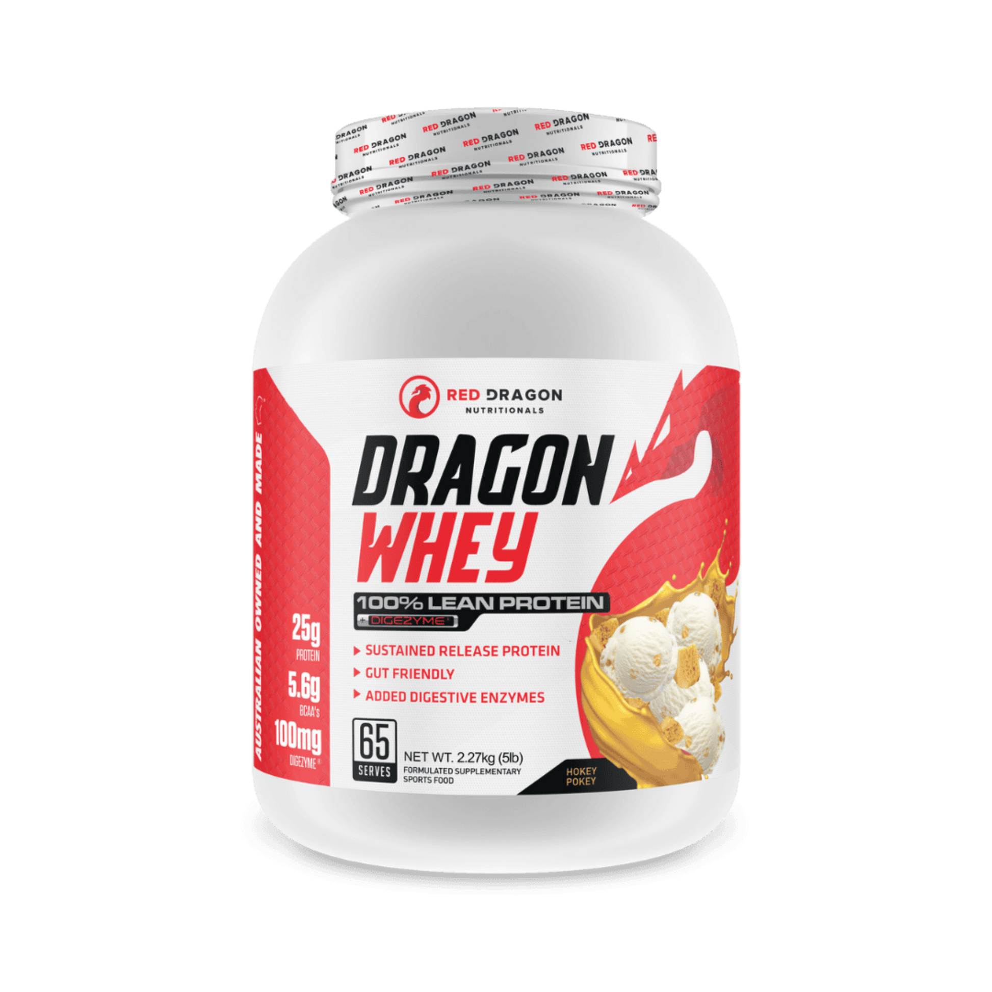 Red Dragon Dragon Whey Protein in Hokey Pokey Flavour (65 serves) – WPI & WPC blend for lean muscle growth, recovery, and daily protein needs.