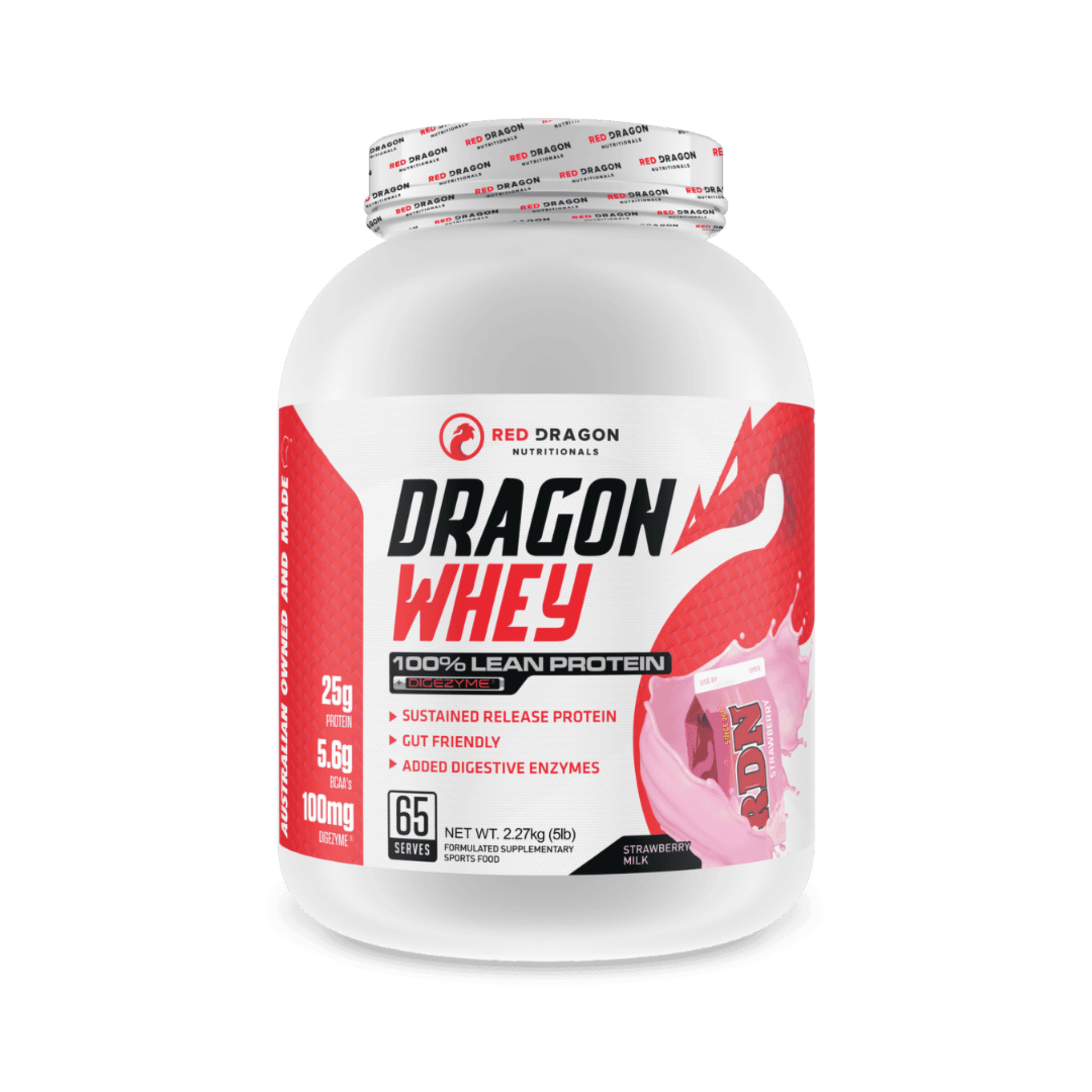 Red Dragon Dragon Whey Protein in Strawberry Milk Flavour (65 serves) – WPI & WPC blend for lean muscle growth, recovery, and daily protein needs.