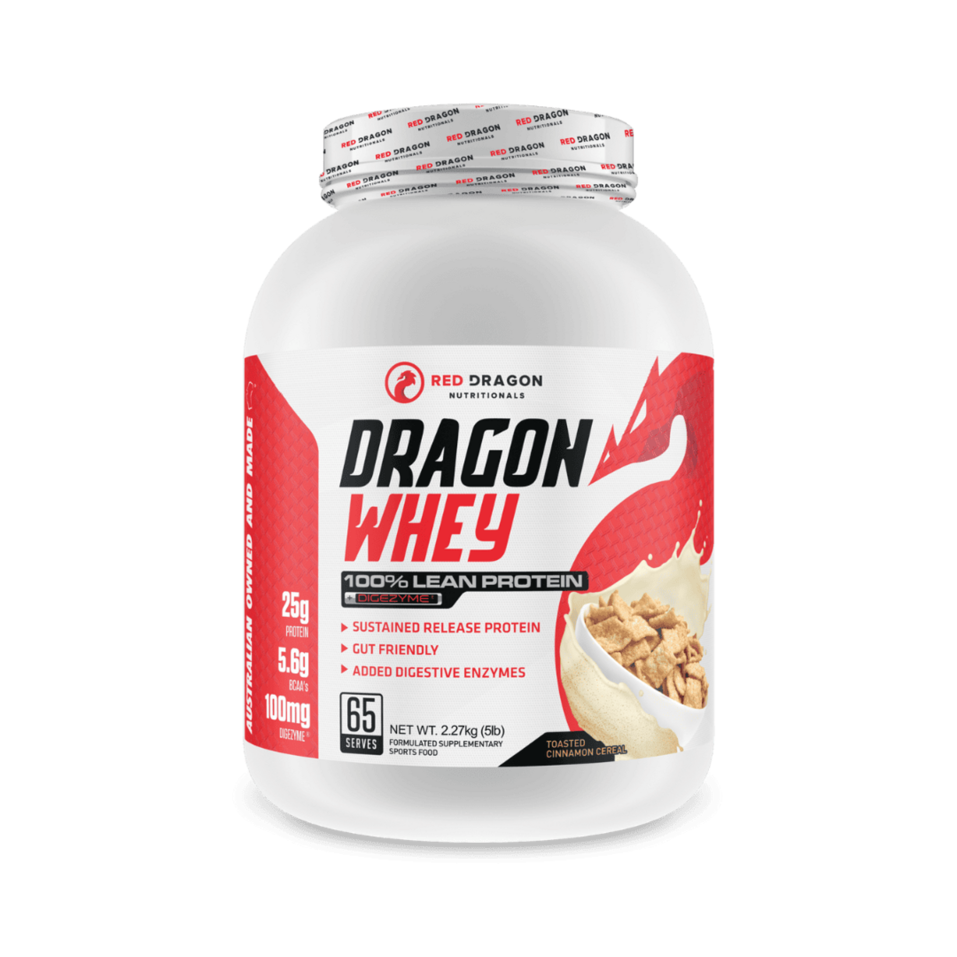 Red Dragon Dragon Whey Protein in Toasted Cinnamon Cereal Flavour (65 serves) – WPI & WPC blend for lean muscle growth, recovery, and daily protein needs.