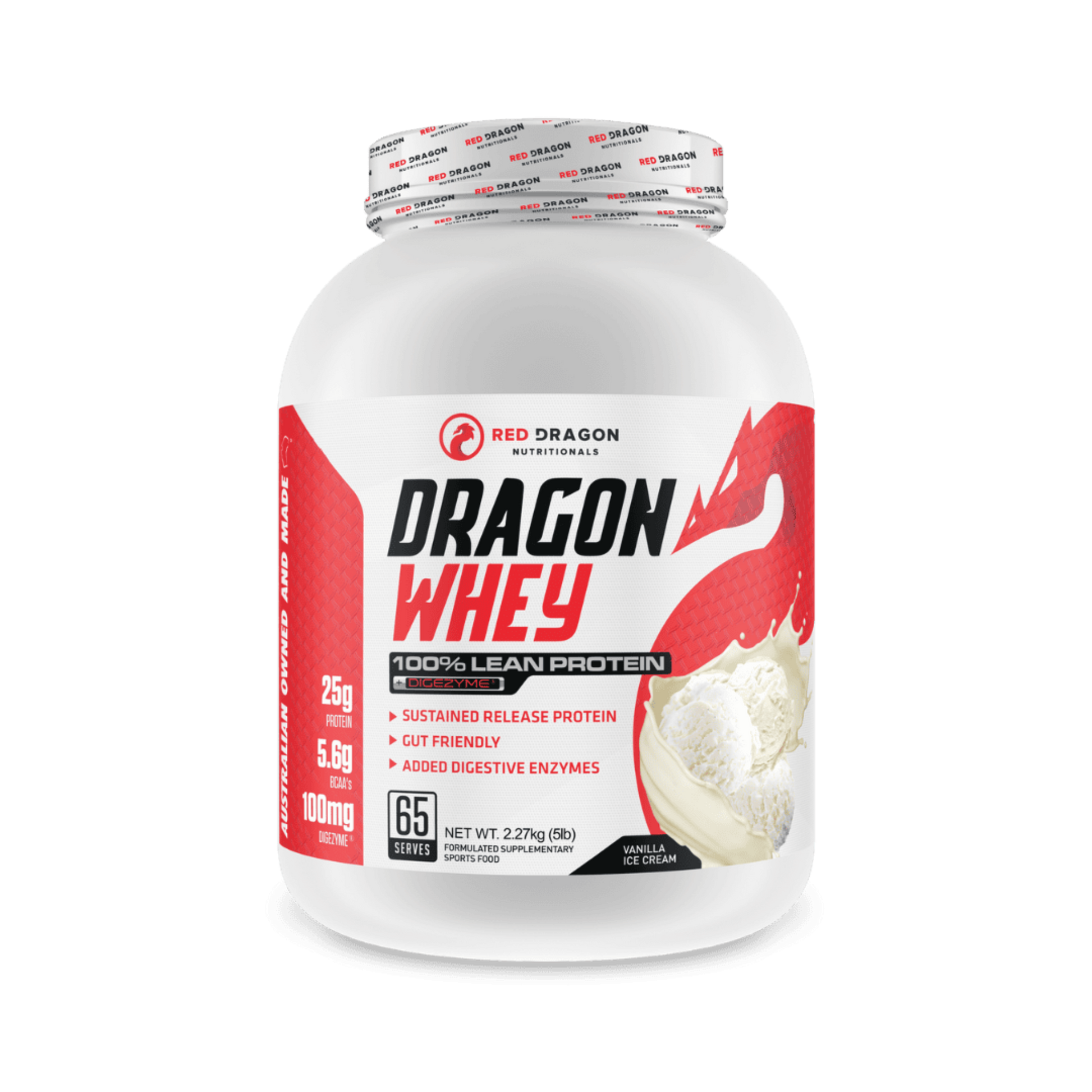 Red Dragon Dragon Whey Protein in Vanilla Ice Cream Flavour (65 serves) – WPI & WPC blend for lean muscle growth, recovery, and daily protein needs.