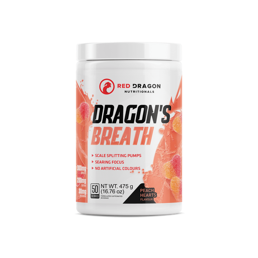 Red Dragon Dragon’s Breath Pre-Workout in Peach Hearts Flavour (50 serves) – explosive energy, endurance, and focus for intense training sessions.