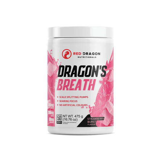 Red Dragon Dragon’s Breath Pre-Workout in Strawberry Burst Flavour (50 serves) – explosive energy, endurance, and focus for intense training sessions.