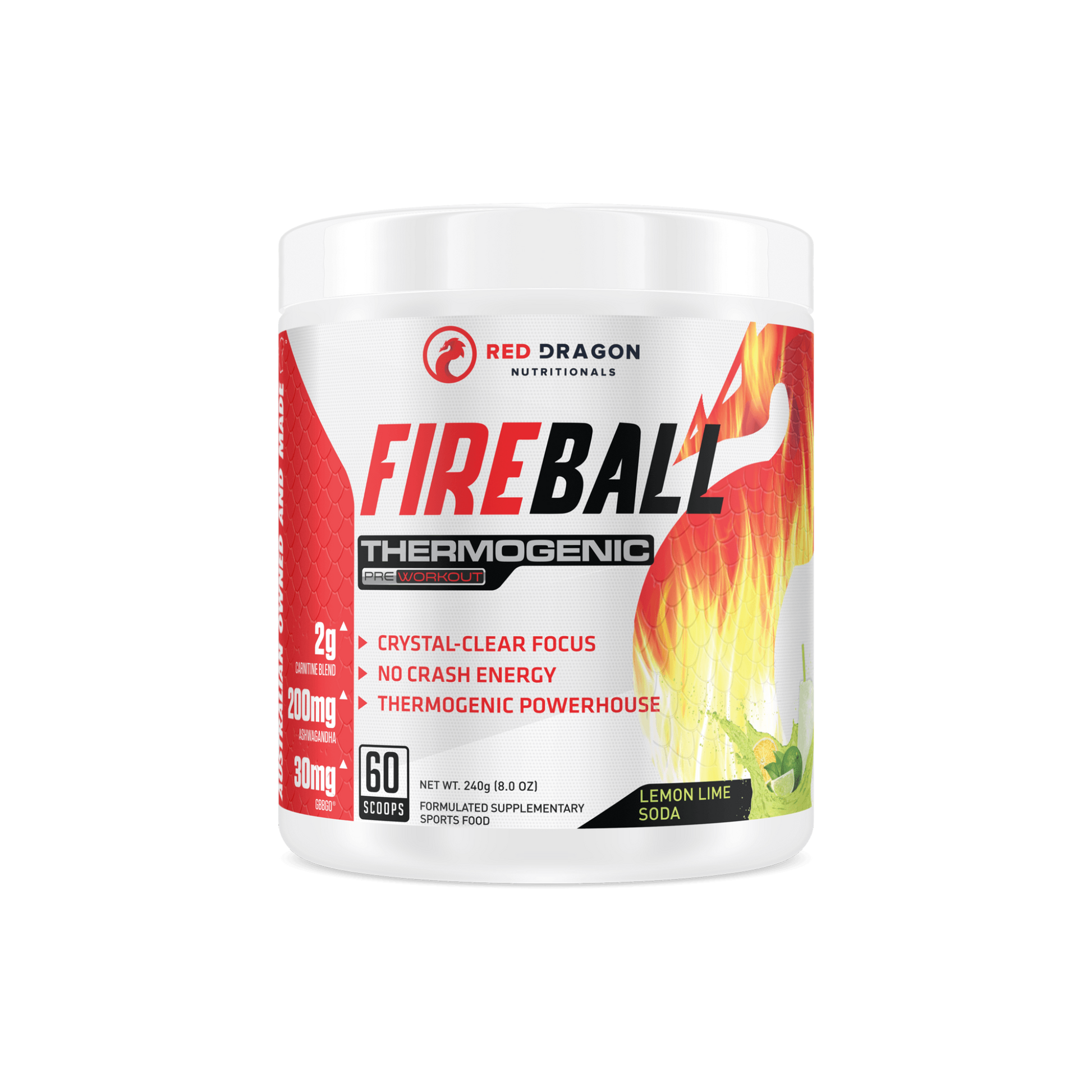 Fireball by Red Dragon Nutritionals in Lemon Lime Soda flavour – metabolism booster and fat loss support with clean energy.