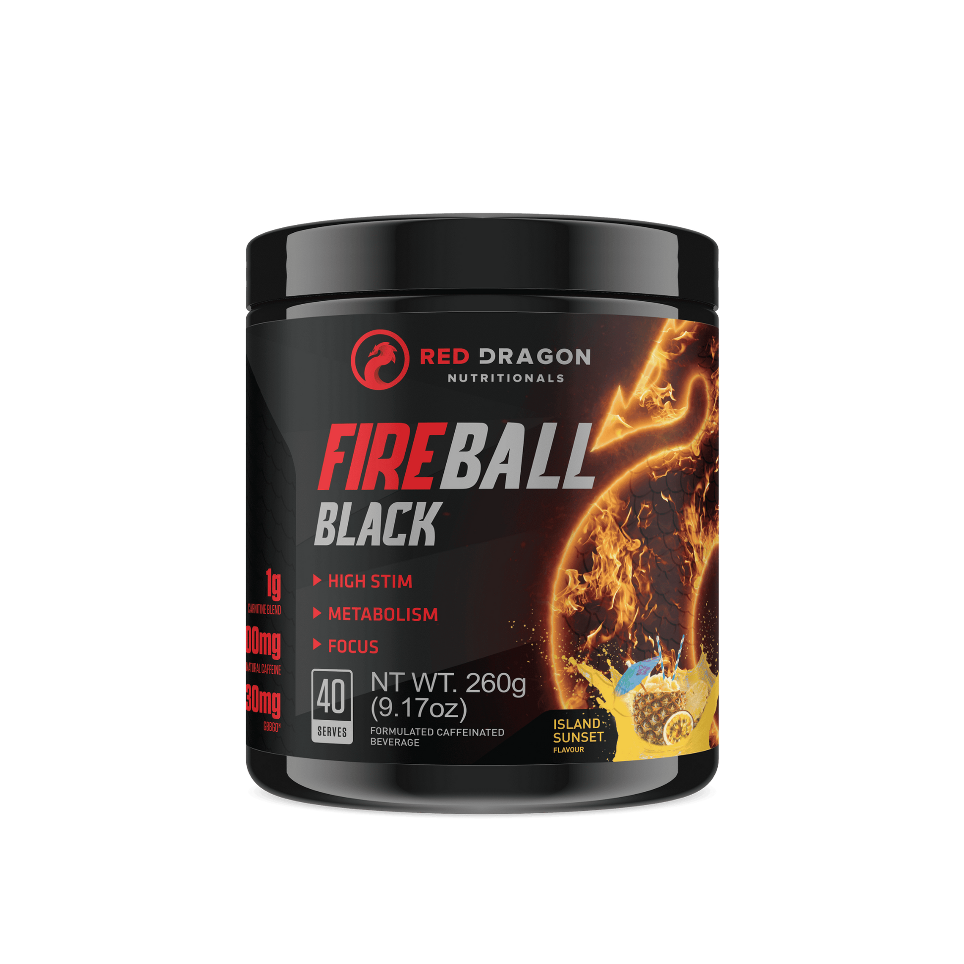 Red Dragon Fireball Black in Tropical Sunset flavour – ultra-potent thermogenic fat burner for energy, focus, and fat metabolism.