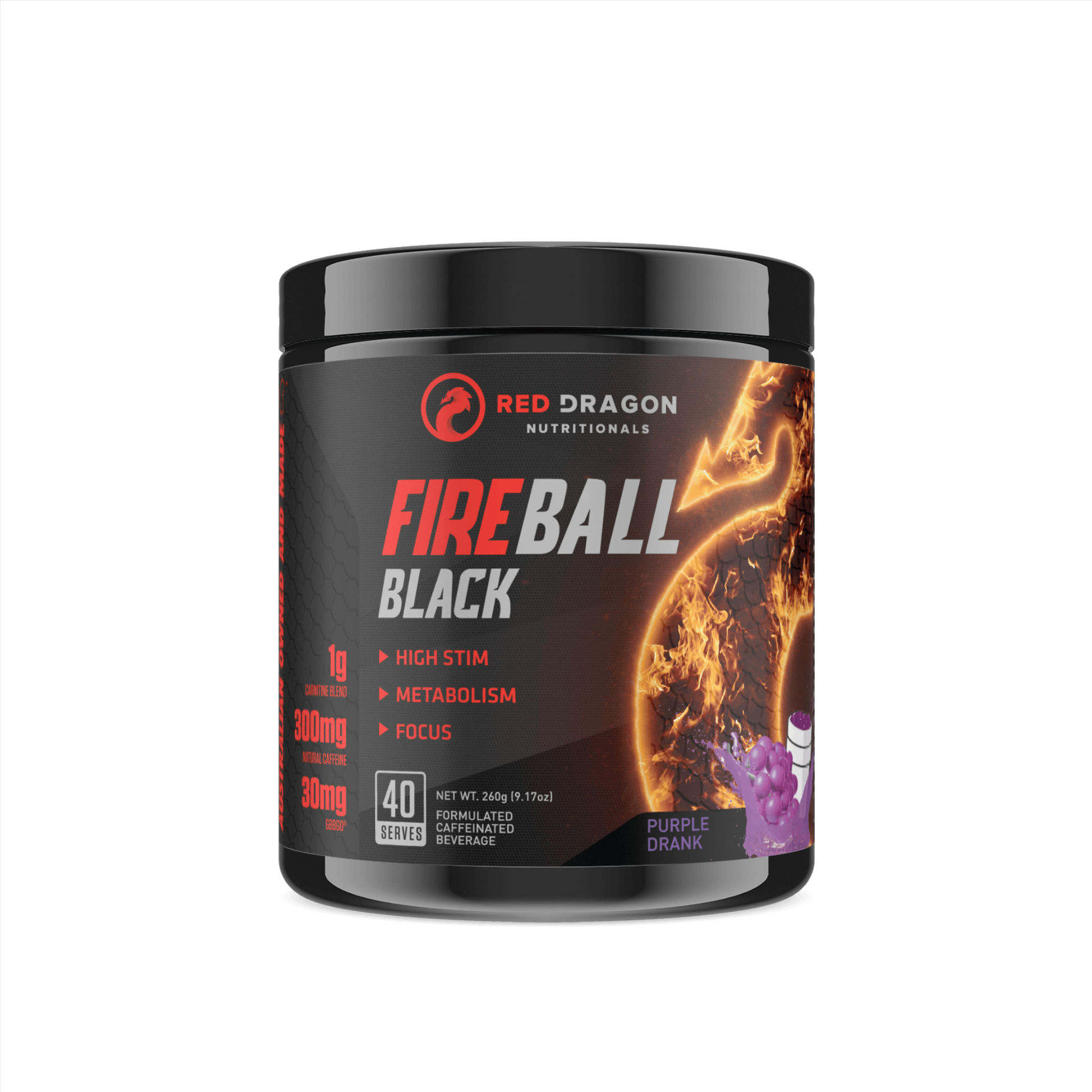 Red Dragon Fireball Black in Purple Drank flavour – ultra-potent thermogenic fat burner for energy, focus, and fat metabolism.