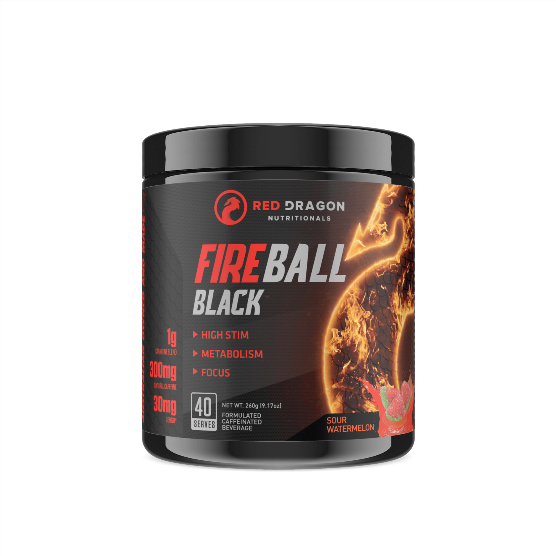 Red Dragon Fireball Black in Sour Watermelon flavour – ultra-potent thermogenic fat burner for energy, focus, and fat metabolism.