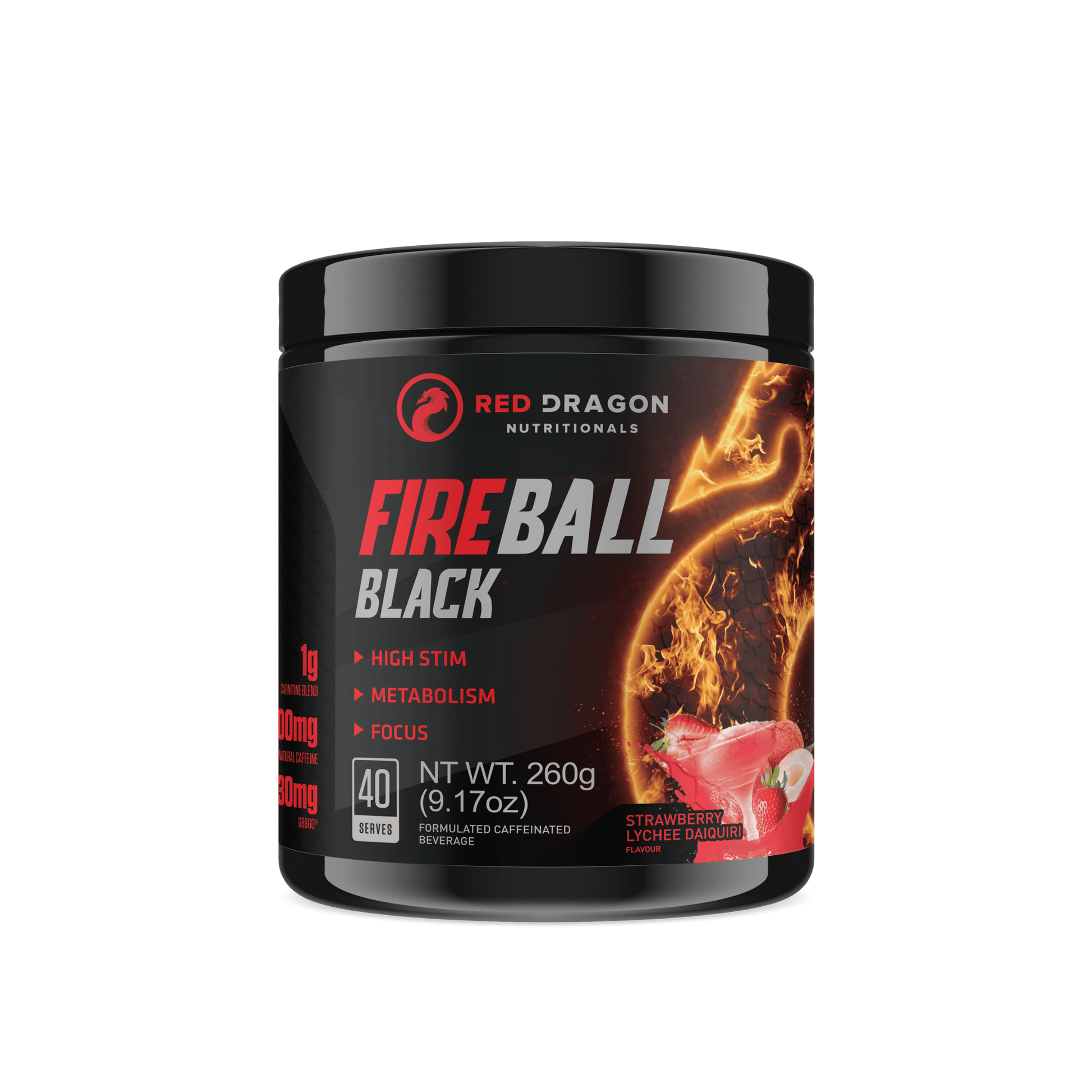 Red Dragon Fireball Black in Strawberry Lychee Daiquiri flavour – ultra-potent thermogenic fat burner for energy, focus, and fat metabolism.