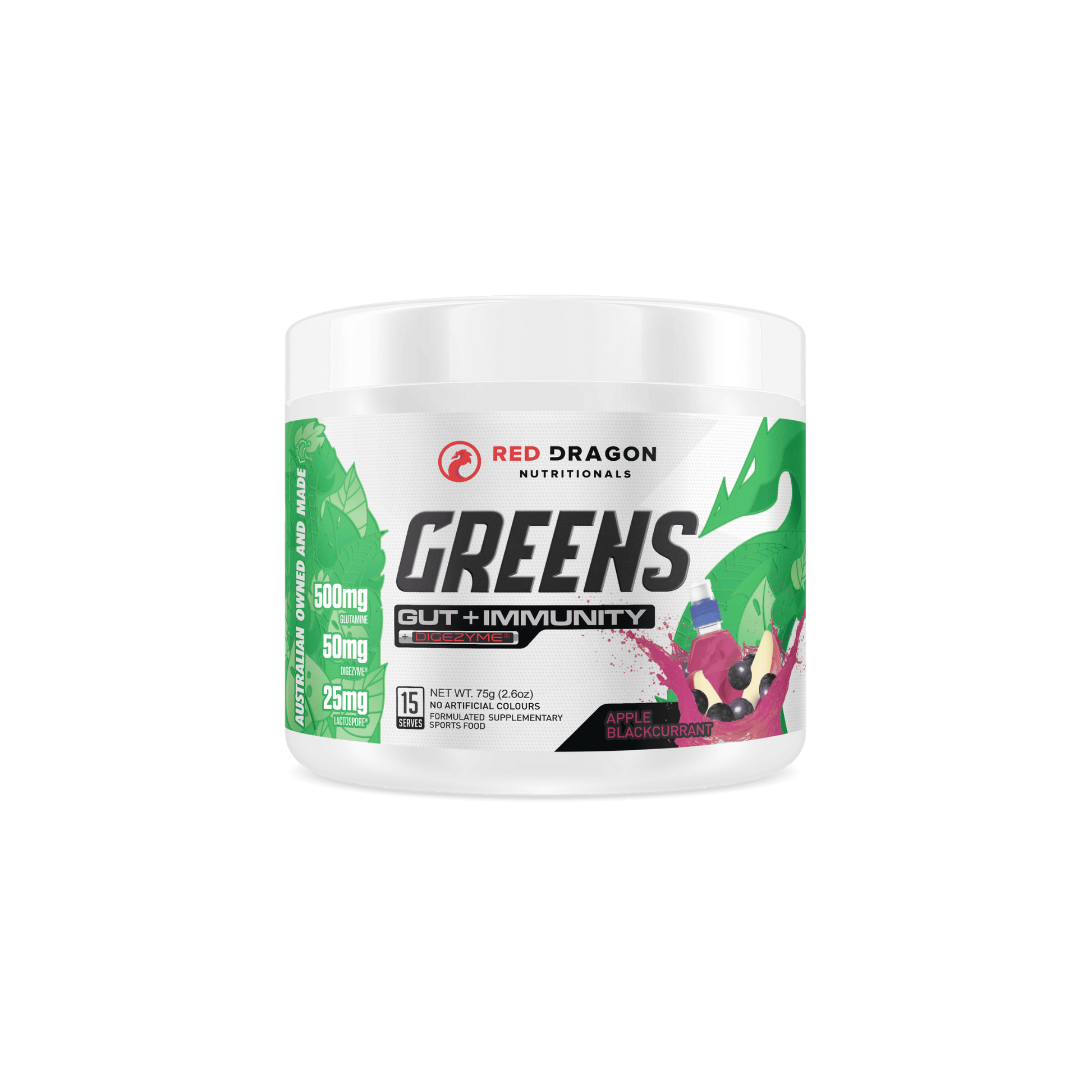 Red Dragon Greens Gut + Immunity powder in Apple Blackcurrant (15 serves) – superfood blend with probiotics and antioxidants for digestion, energy, and immune support.