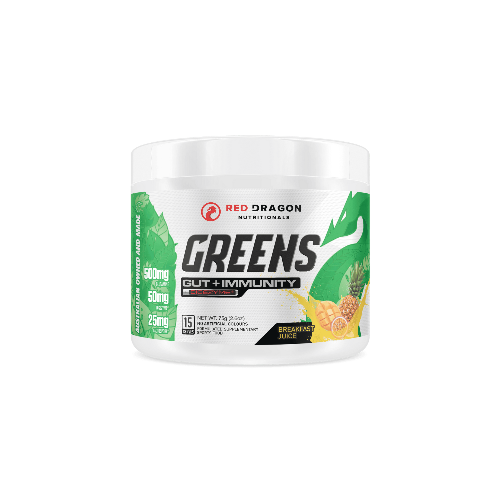 Red Dragon Greens Gut + Immunity powder in Breakfast Juice (15 serves) – superfood blend with probiotics and antioxidants for digestion, energy, and immune support.