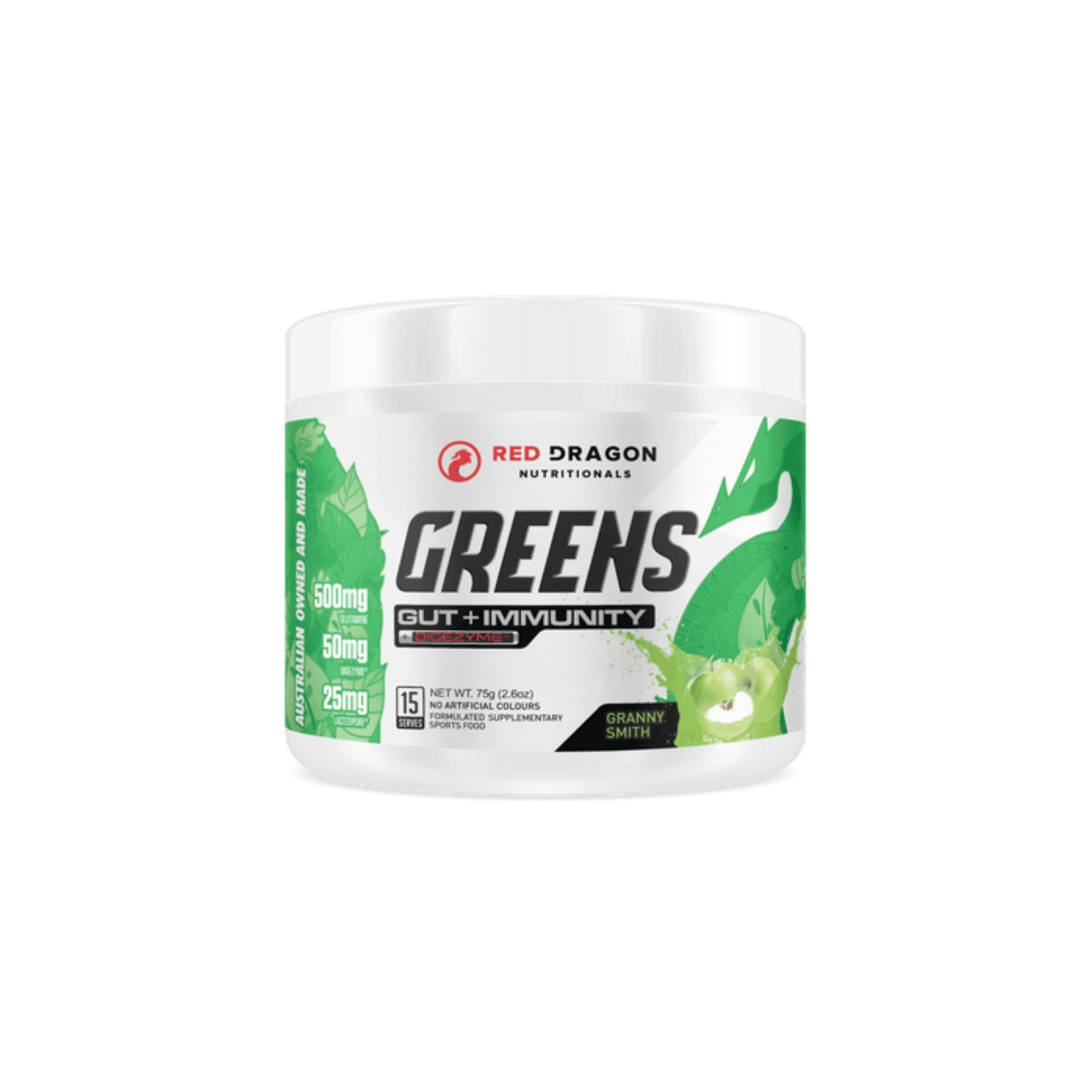 Red Dragon Greens Gut + Immunity powder in Green Apple (15 serves) – superfood blend with probiotics and antioxidants for digestion, energy, and immune support.