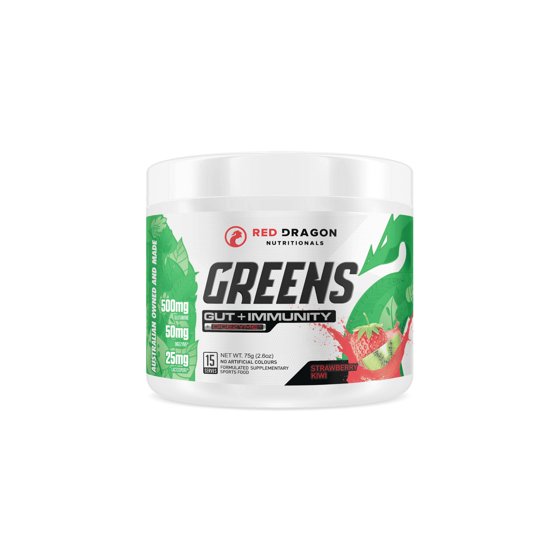 Red Dragon Greens Gut + Immunity powder in Strawberry Kiwi (15 serves) – superfood blend with probiotics and antioxidants for digestion, energy, and immune support.