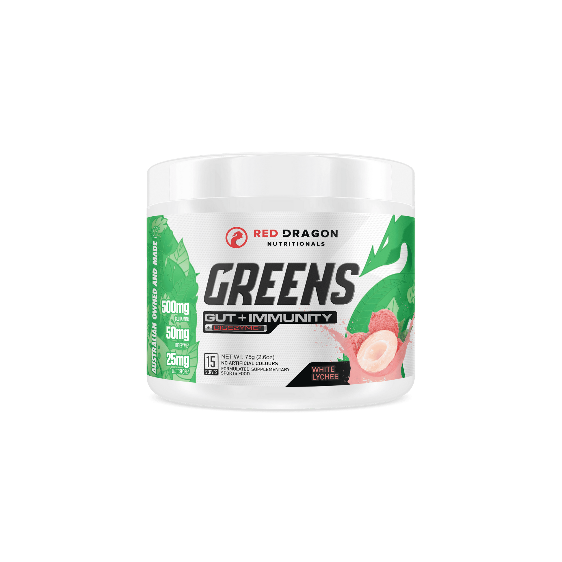 Red Dragon Greens Gut + Immunity powder in White Lychee (15 serves) – superfood blend with probiotics and antioxidants for digestion, energy, and immune support.
