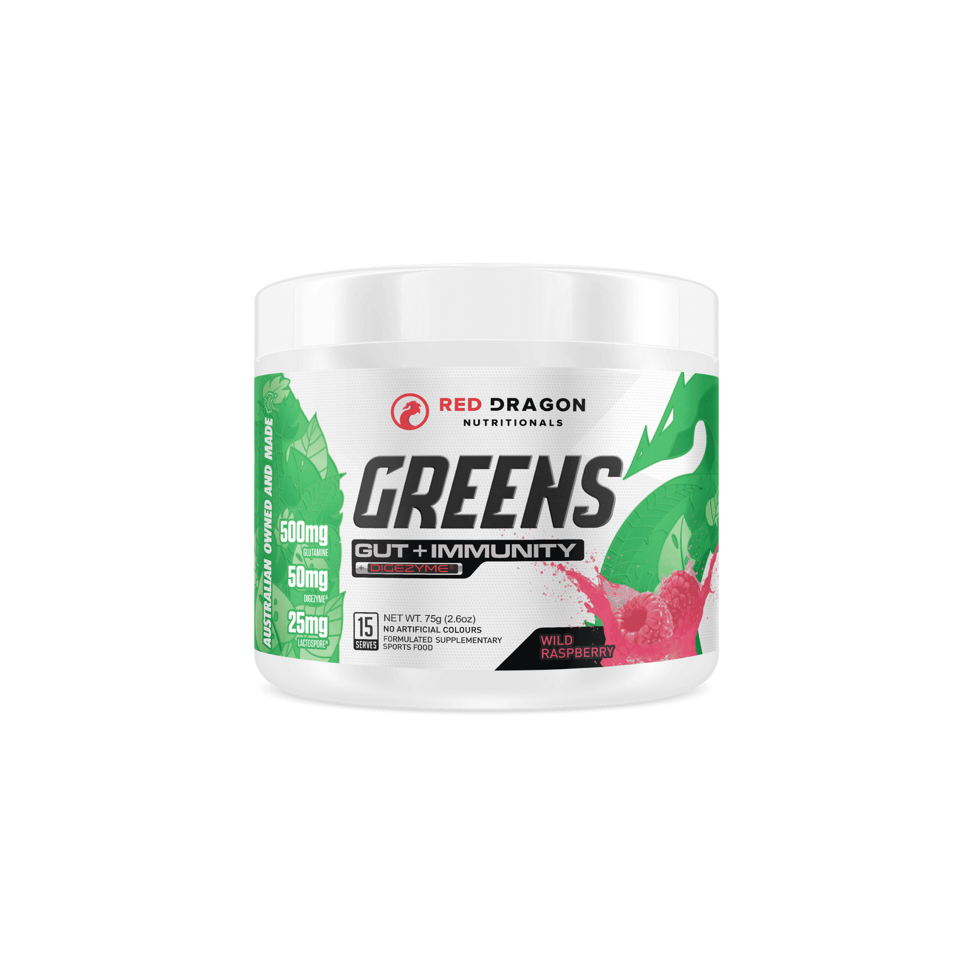 Red Dragon Greens Gut + Immunity powder in Wild Raspberry (15 serves) – superfood blend with probiotics and antioxidants for digestion, energy, and immune support.