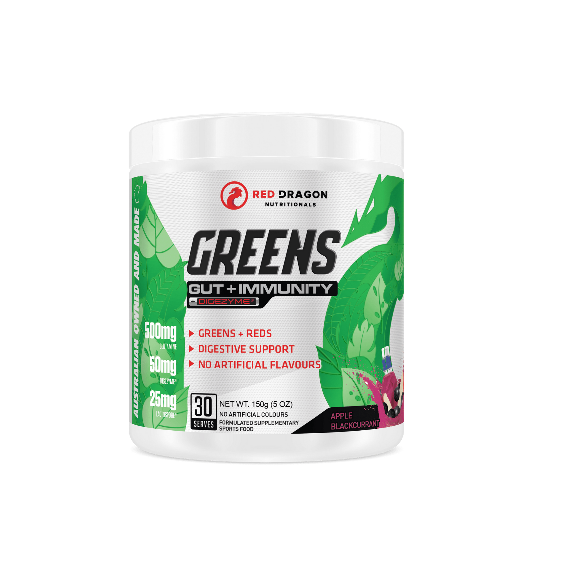 Red Dragon Greens Gut + Immunity powder in Apple Blackcurrant (30 serves) – superfood blend with probiotics and antioxidants for digestion, energy, and immune support.