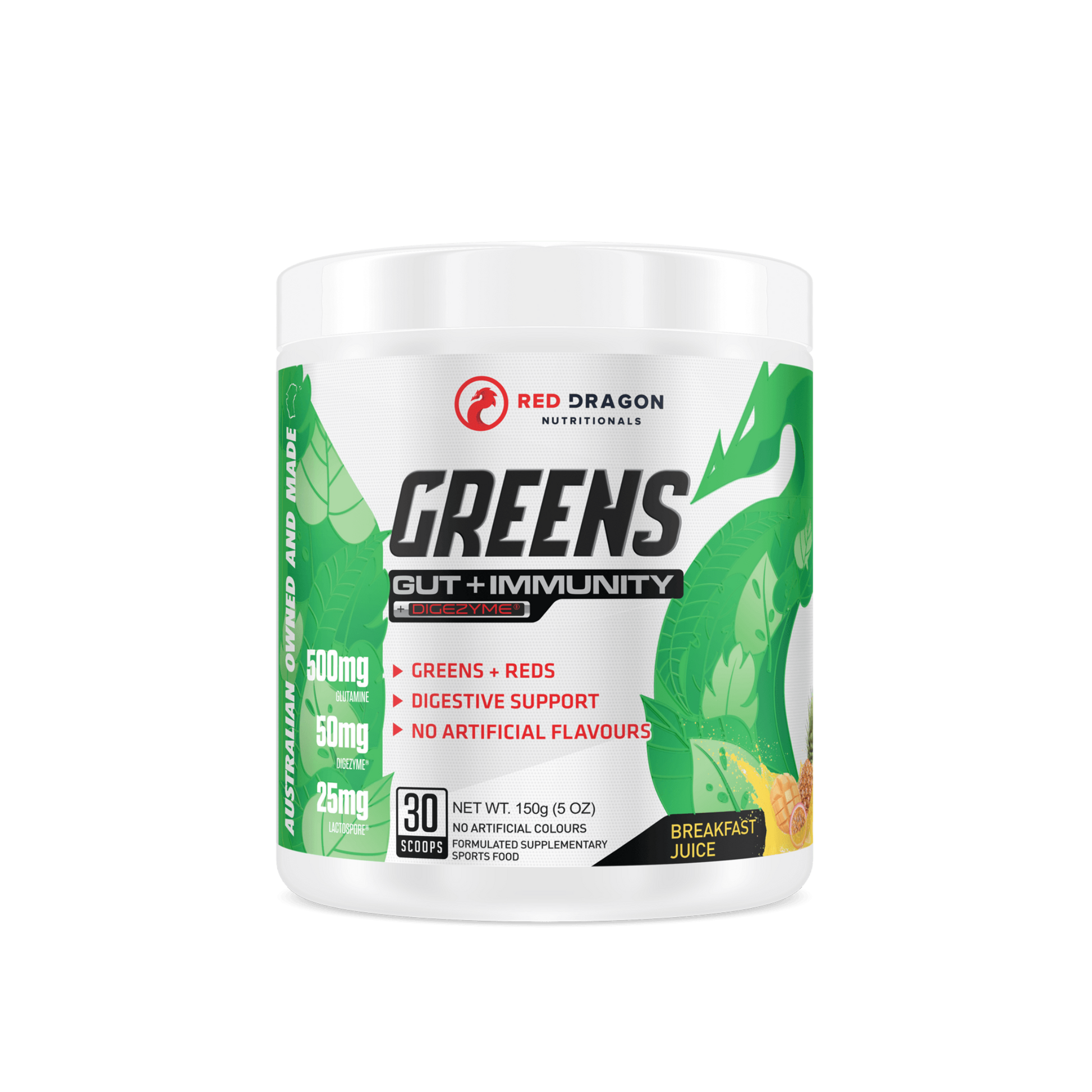 Red Dragon Greens Gut + Immunity powder in Breakfast Juice (30 serves) – superfood blend with probiotics and antioxidants for digestion, energy, and immune support.