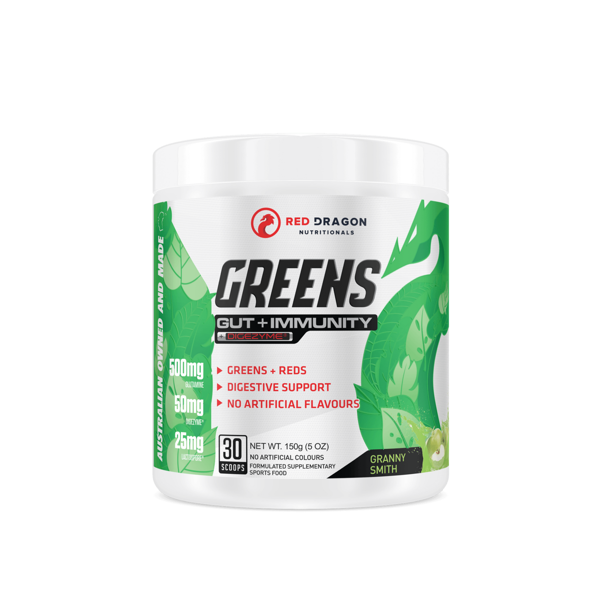 Red Dragon Greens Gut + Immunity powder in Granny Smith (30 serves) – superfood blend with probiotics and antioxidants for digestion, energy, and immune support.