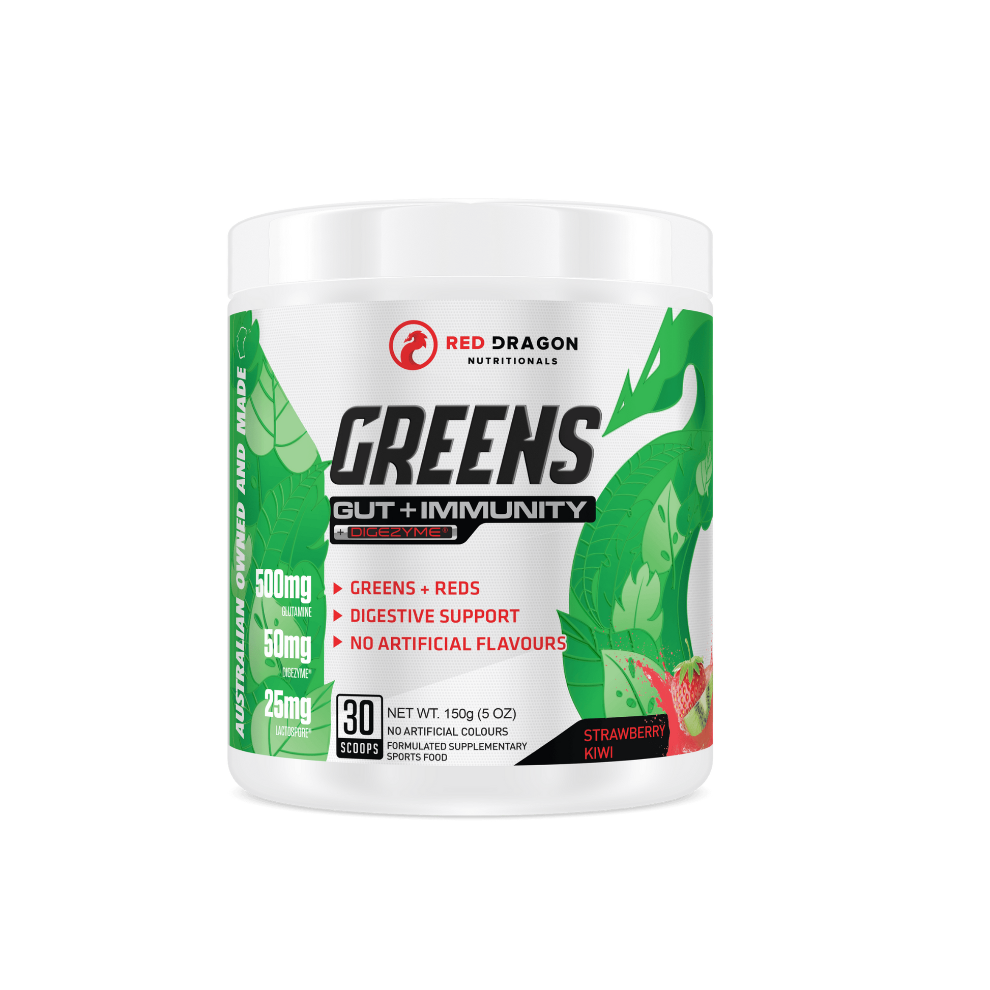 Red Dragon Greens Gut + Immunity powder in Strawberry Kiwi (30 serves) – superfood blend with probiotics and antioxidants for digestion, energy, and immune support.